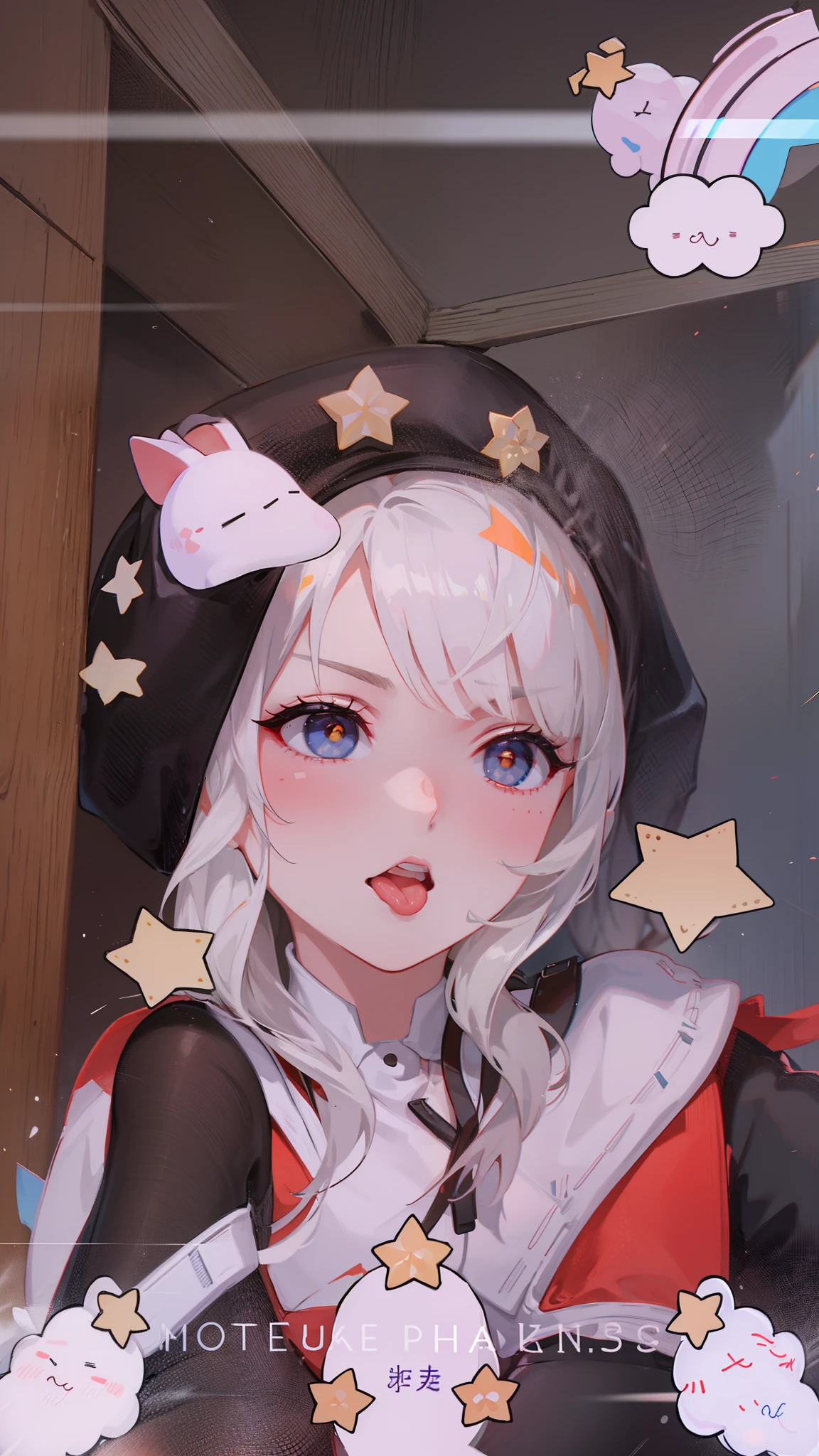 Soy milk comes out of the mouth,The eyes were confused and seduced,The word is engraved on her face,Sticking out his tongue