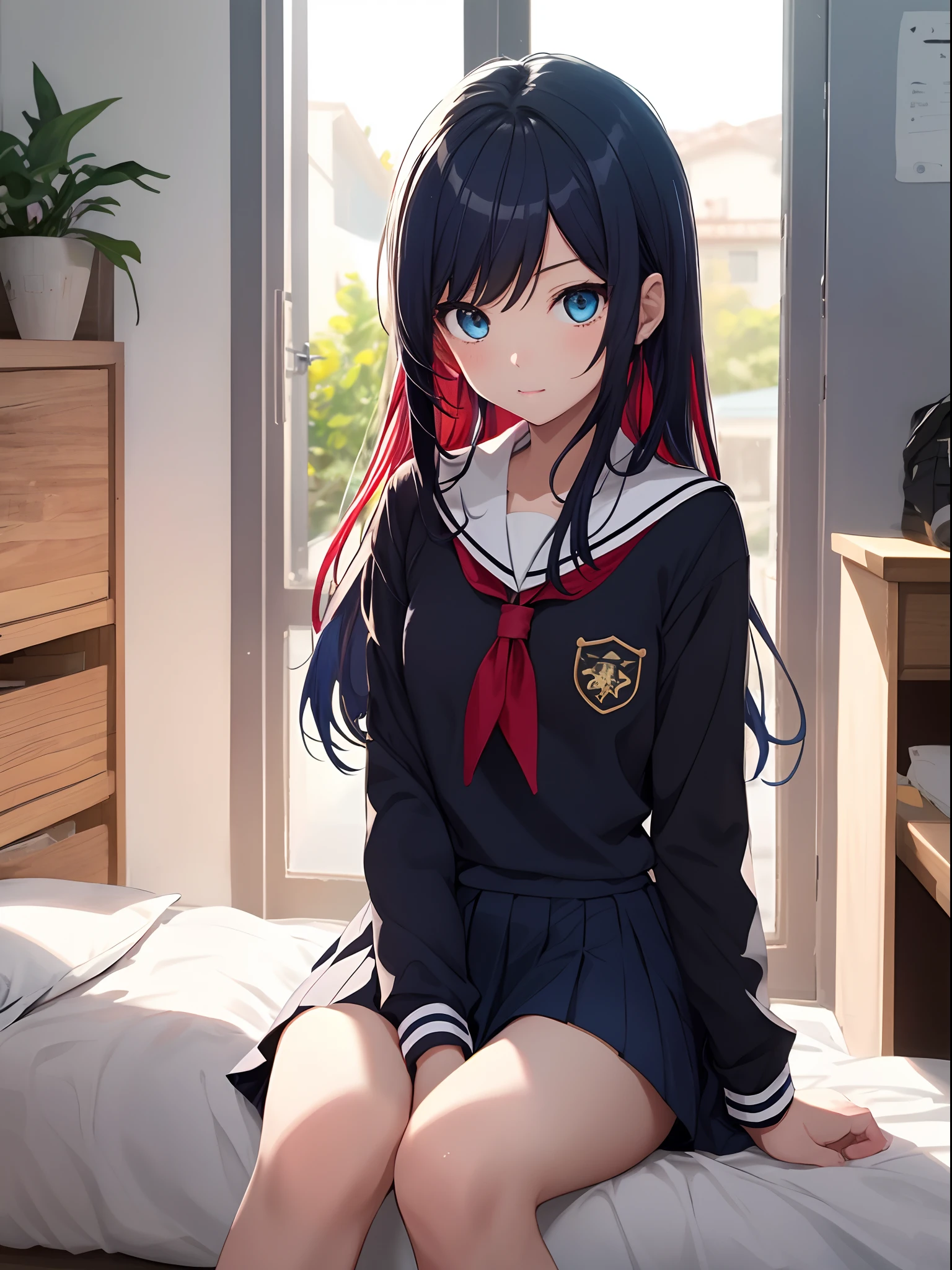 1girl in、colorful strands of hair、shinny skin、Kawaii Girl、Glare、rays of sunshine、Red and black gradient hair、Bare legged、Blue eyes、sitting on、Summer school uniform、kawaii、Her room、