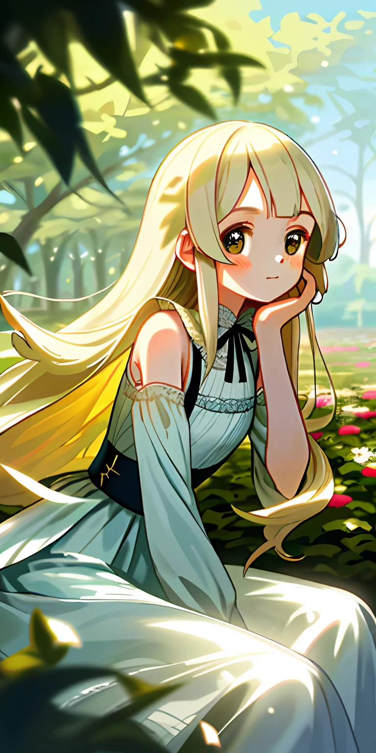 (tmasterpiece,best qualtiy),1 girl with long white hair sitting in a field of greenery and flowers,her hand under her chin,warmly lit,white dresses,Blurred foreground with big eyes,Small short round nose,The apple muscles are very full,Short chin,The atrium is quite long,Air bangs,Blonde shoulder-length hair,It seems to be shining in the sun。Blush and flutter,Meat toot,Very cute,But the overall face shape is good。