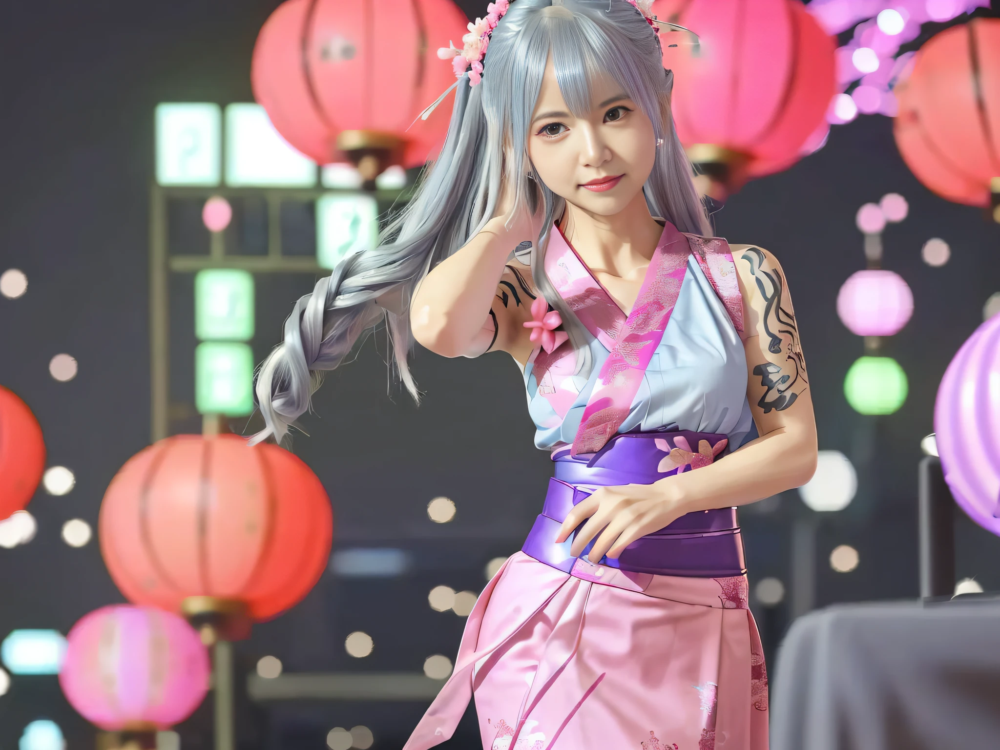 top-quality、​masterpiece、超A high resolution、(Photorealsitic:1.4)、Raw photo、Detailed CG image quality、cyberpunked、Beautiful fece、1girl in、(blue eyess:1.2)、pink lipsticks、A smile、(Silvery head hair:1.4)、skin tanned、(Performing intense dancing:1.4)、(Mechanical Hair Ornament:1.4)、(Pink cyberpunk type sleeveless yukata:1.4), (Shorts Yukata:1.4)、cleavage of the breast、(cyberpunked:1.3)、(Tattoo of numbers:1.4)、detailed portrait、8K picture quality、bright colour、concept-art、Cinematic and dramatic atmosphere、(Shrine of Japan:1.2)、(Japan red and white lanterns:1.2)、Wind chimes、(Festival flag,)、banners、Paper decoration、(3 + Women: 1.4)、(Muscular black man in Japan yukata:1.2)、foco nítido、Volumetric lighting、Cinematographic lighting、Wearing studio quality、Colorful neon lighting、depth of fields、Ambient lighting、Blurred foreground、blurry backround:1.3、(8mm fisheye lens:1.4)、(Angle from directly below:1.4)、Full Body Angle、
