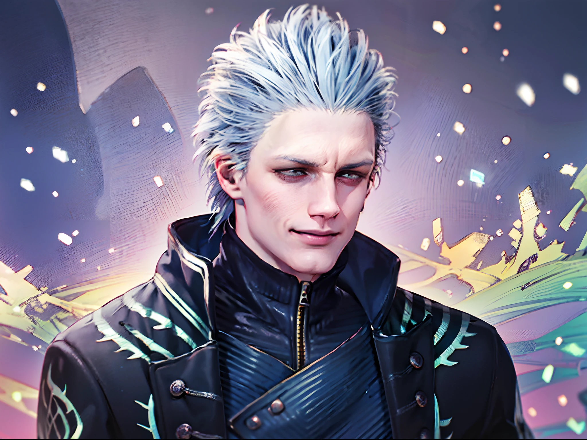 1boy,  jacket, Leather, male_focus, Realistic,  snowing, 独奏, White_Hair, zipper,Detailed body,Detailed hands,Detailed Face,vergil,Smiling,