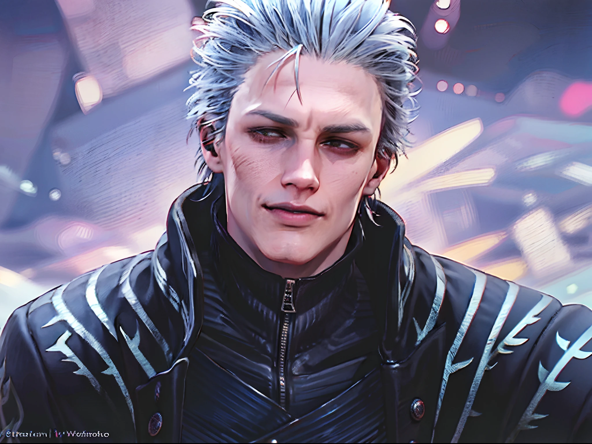 1boy,  jacket, Leather, male_focus, Realistic,  snowing, 独奏, White_Hair, zipper,Detailed body,Detailed hands,Detailed Face,vergil,Smiling,