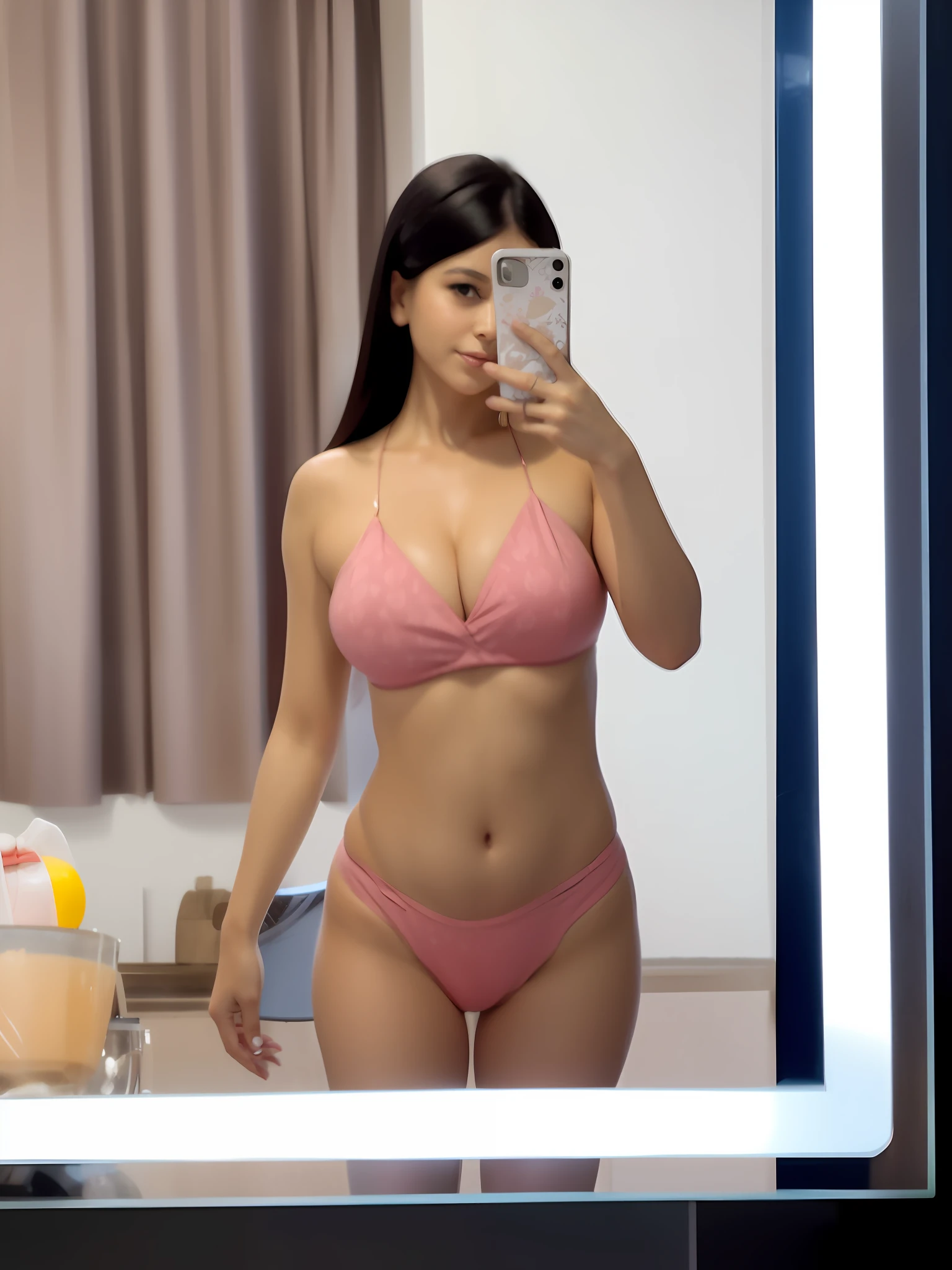 There is a woman in a pink bikini taking a selfie in the mirror, 2 , 2 2 years old old, 2 8 yearsear old female years old, 3 2 - year - old, 21 years old,old woman, thicc, 30 year-old woman