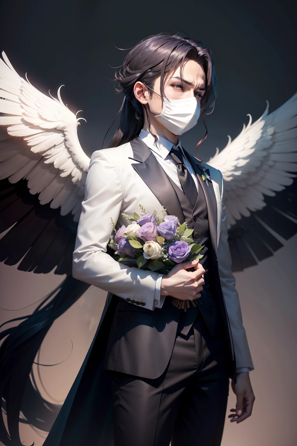 There is a man in a suit wearing a spider mask, Eight-winged white wings,Flowers in hand,Badass anime 8 K, trigger anime artstyle, Dark suit, Best anime 4k konachan wallpaper, A scene from the《Intrepid Covenant》Omen, HQ 4K wallpaper, high detailed official artwork, wallpaper 4 k, Wallpaper 4k, 4K anime wallpaper, Anime wallpaper 4 k, Anime art wallpaper 8 K