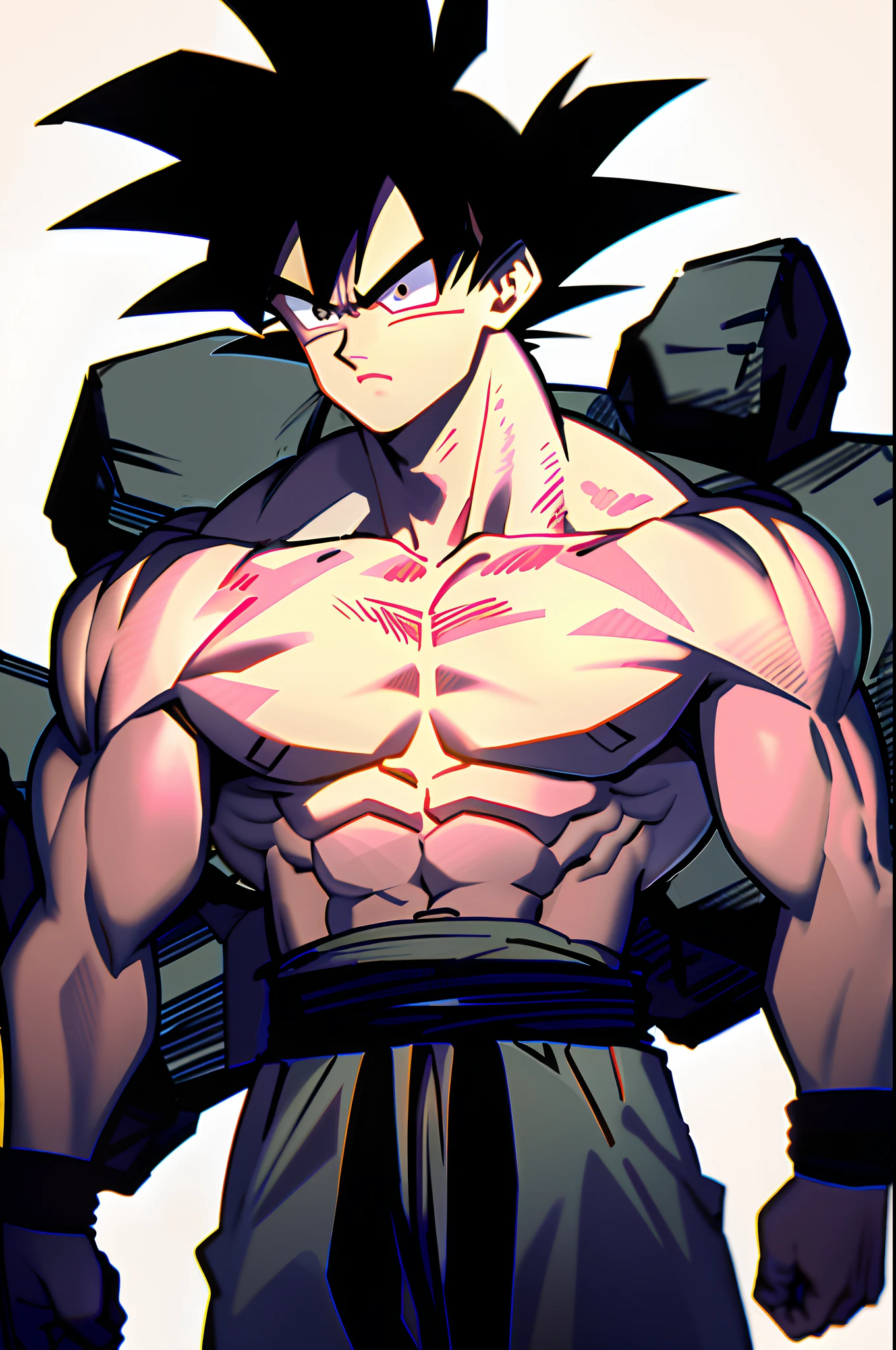 son goku,1boy,Keep one's mouth shut,malefocus,musculous,big muscular male,Rock,obi strip,serious,独奏,spiked hair,Orange-yellow exercise uniform,ripped clothing,ultra instinct,黑The eye,Black hair,((tmasterpiece))