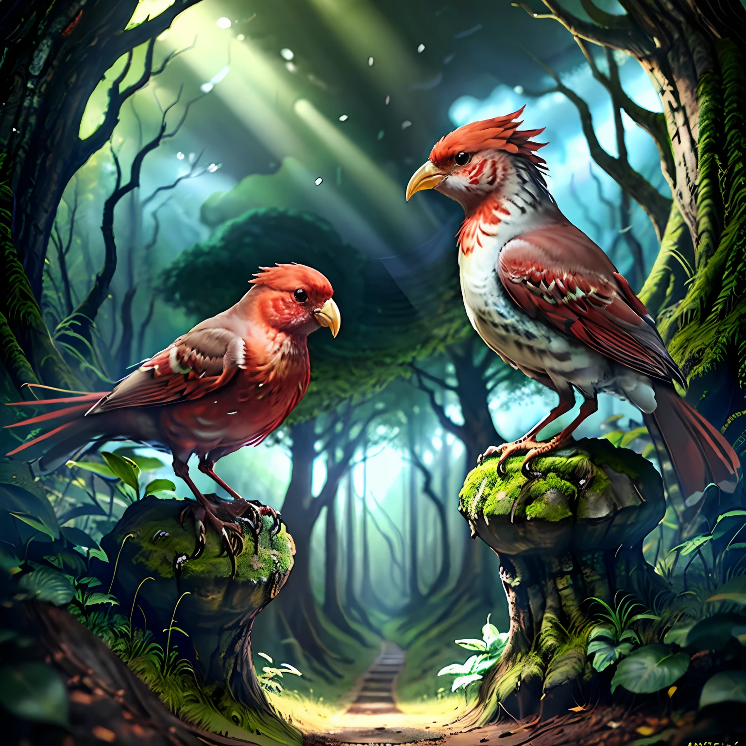 put a red bird on the image and keep the Forest in Greenish Color