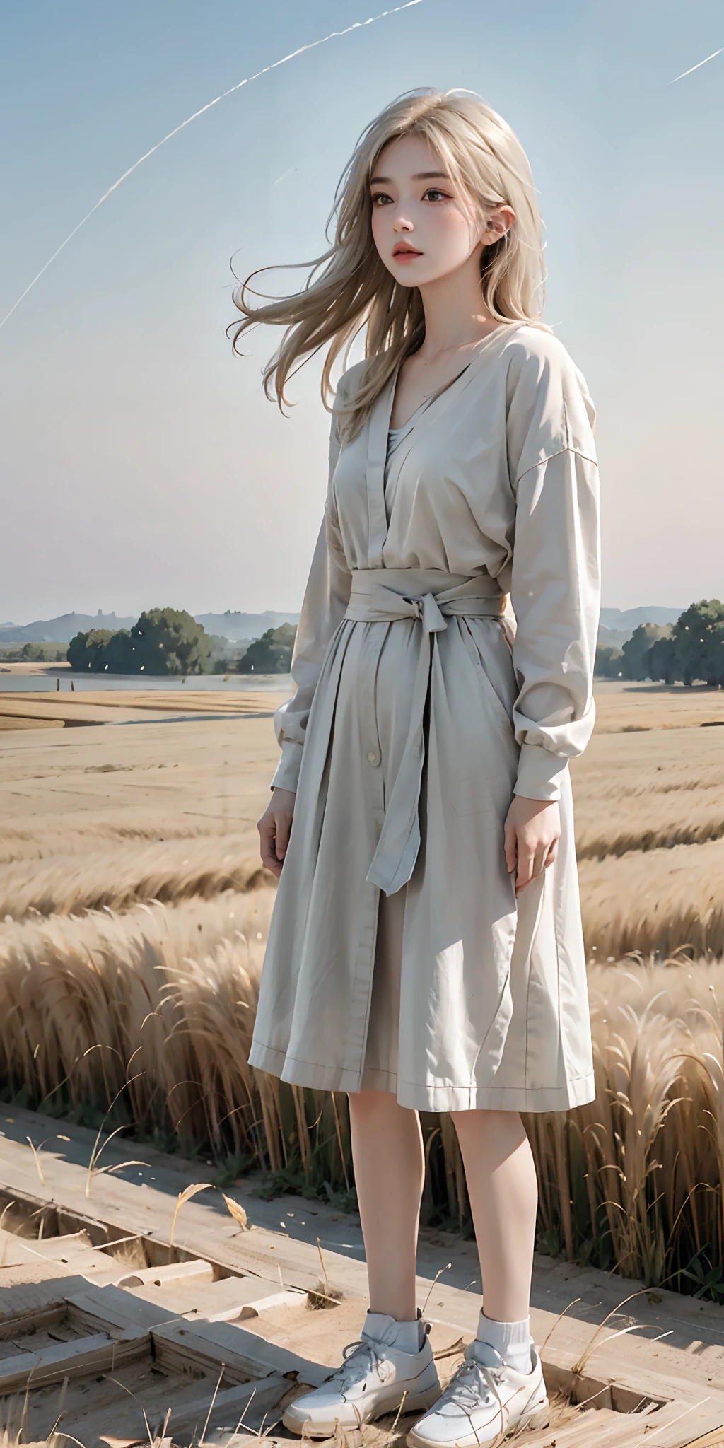 full body, portrait of cute blond girl, standing on a wheat field (((looking away))), bloom, orange fog, motion, wispy hair, realism, high-quality rendering, stunning art, high quality, film grain, Fujifilm XT3, dreamy, acne, freckled, blemish