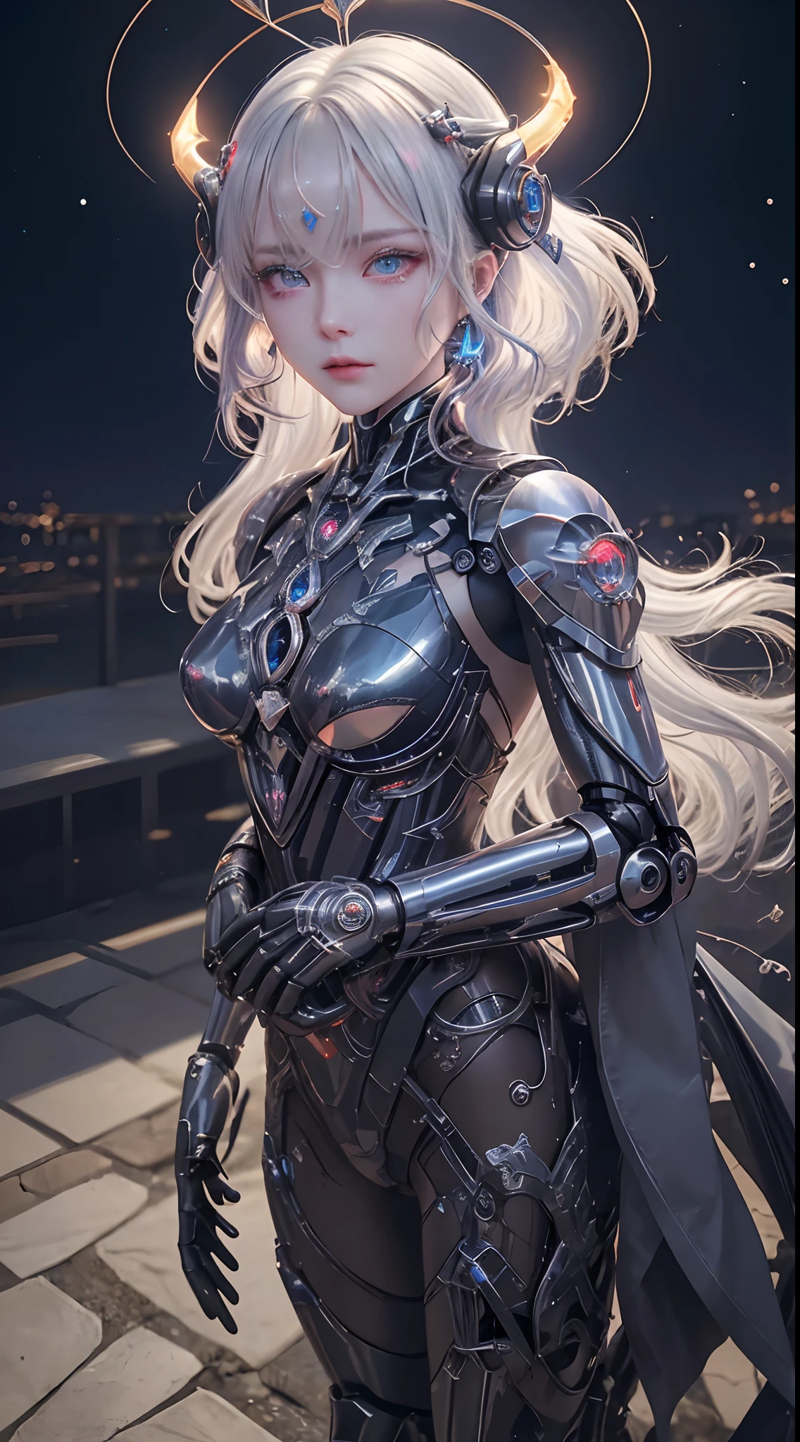 cowboy shot, caustics,reflection,ray tracing,demontheme,nebula,dark aura,cyber effect, (1girl:1.4),solo,alone,mecha musume,mechanical parts, robot joints,single mechanical arm, headgear, mechanical halo,star halo,intricate mechanical bodysuit, mecha corset, kimono, full armor, very long hair,white hair, hair between eyes, multicolored hair, colored inner hair, red eyes,glowing eye,eye trail, random expressions,random action, ancient japanese architecture,pond, starry sky,skyline,