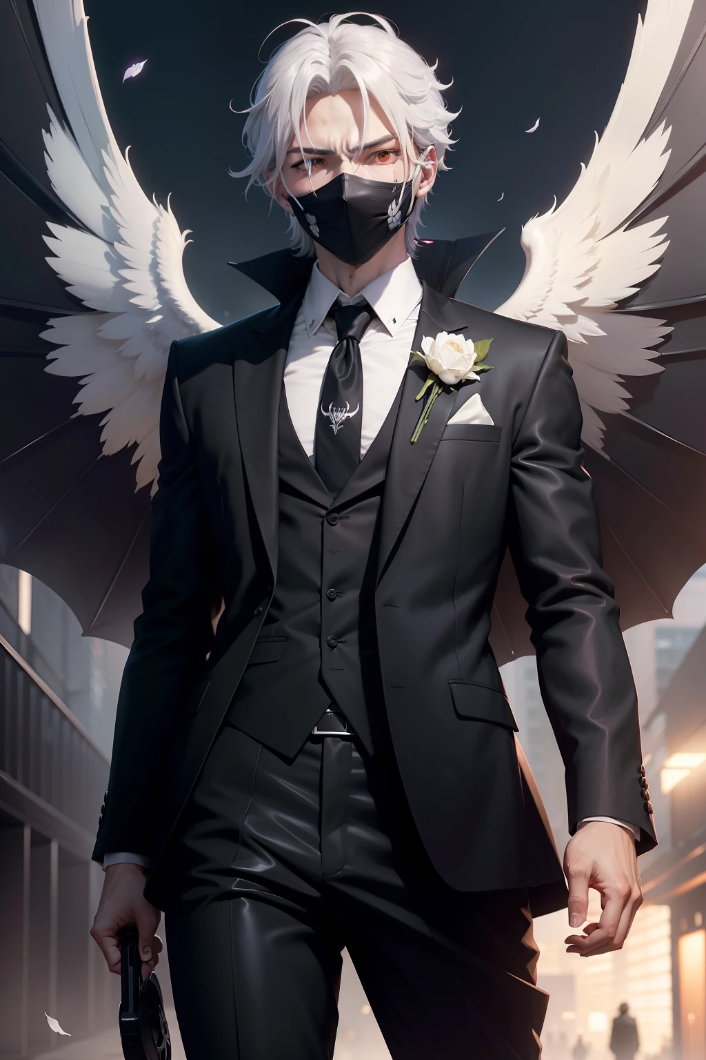 There is a man in a suit wearing a spider mask, Eight-winged white wings,Flowers in hand,Badass anime 8 K, trigger anime artstyle, Dark suit, Best anime 4k konachan wallpaper, A scene from the《Intrepid Covenant》Omen, HQ 4K wallpaper, high detailed official artwork, wallpaper 4 k, Wallpaper 4k, 4K anime wallpaper, Anime wallpaper 4 k, Anime art wallpaper 8 K