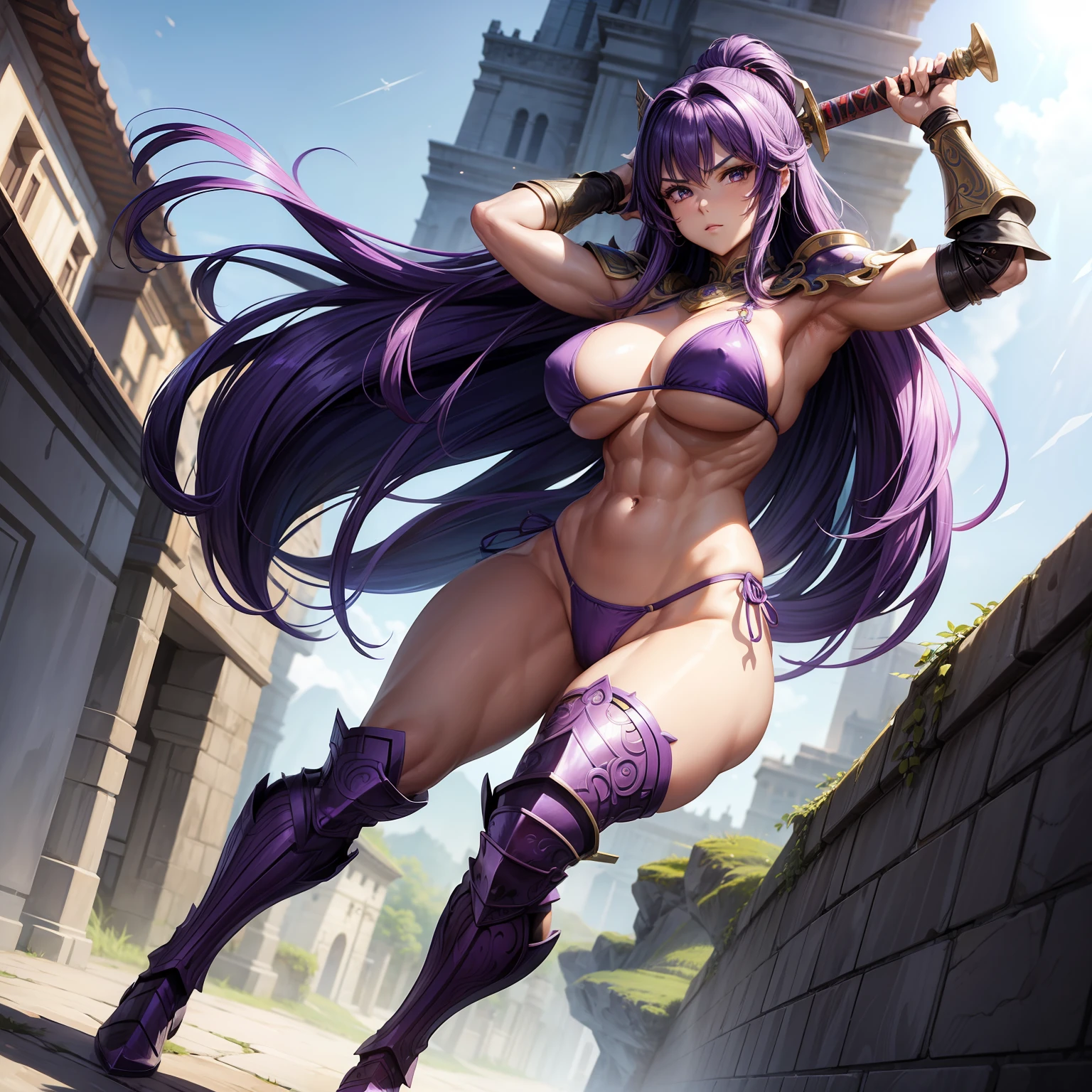 Female Warrior、a beauty girl、huge tit、Purple hair、Longhaire、well-muscled、abdominals、Nice Buddy、glamorous、Long body、bikini-armor、ck、Armor shoulder rest、knee boots、globe、full body seen、Looking at the camera、Holding a one-handed sword、