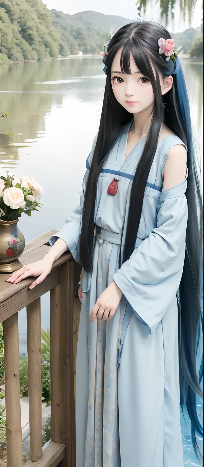 Masterpiece, Best Quality, Official Art, 8k Wallpaper, Very Detailed, Illustration, 1 Girl, Sky Blue Hair, Long Hair, Detailed Eyes, Forrest Gump, Bare Shoulders, Hanfu, Lake, Pure, Soft Smile, bamboo, tea