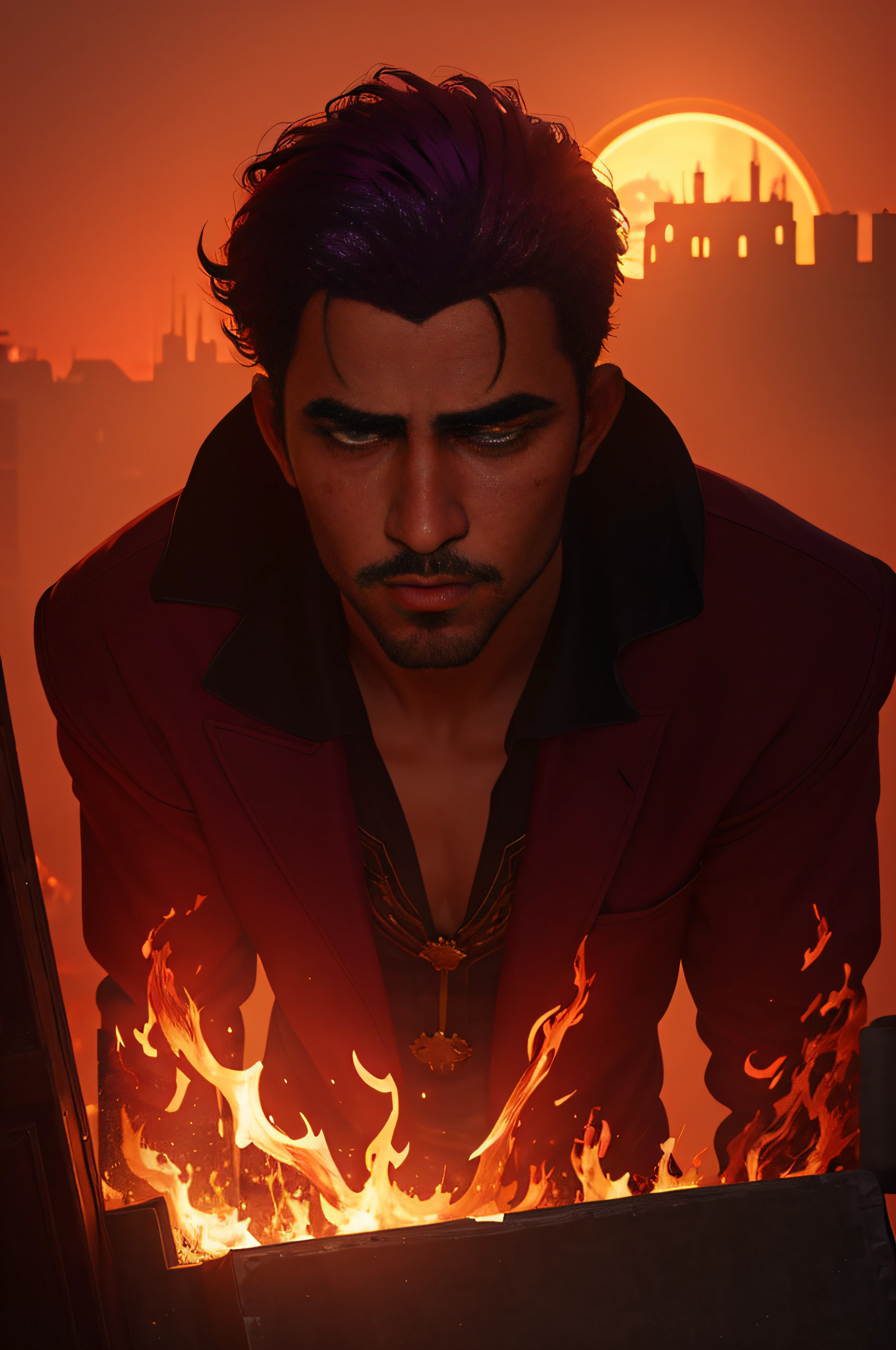 Create a book cover for "Heir of Wine and Flames: The Battle against the Divine Twilight." Feature the protagonist, Miguel, a short, stout man with dark skin, purple wine-colored hair, and a goatee. Place him in a twilight setting, surrounded by mythical creatures and modern cityscapes blending seamlessly. Miguel's determination and hidden power should be evident in his eyes. The title, "Heir of Wine and Flames," in bold fiery font, should contrast against the twilight backdrop. Subtitle, "The Battle against the Divine Twilight," should be elegantly scripted beneath. Use a color palette of wine reds, fiery oranges, and deep blues.