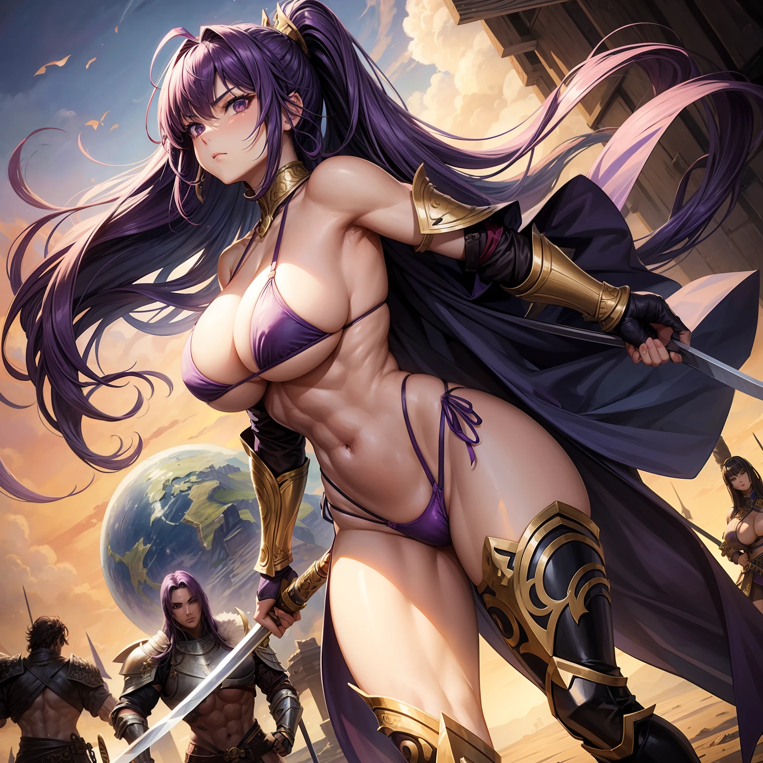 Female Warrior、a beauty girl、huge tit、Purple hair、Longhaire、well-muscled、abdominals、Nice Buddy、glamorous、Long body、bikini-armor、ck、Armor shoulder rest、knee boots、globe、is standing、full body seen、Looking at the camera、Holding a one-handed sword、