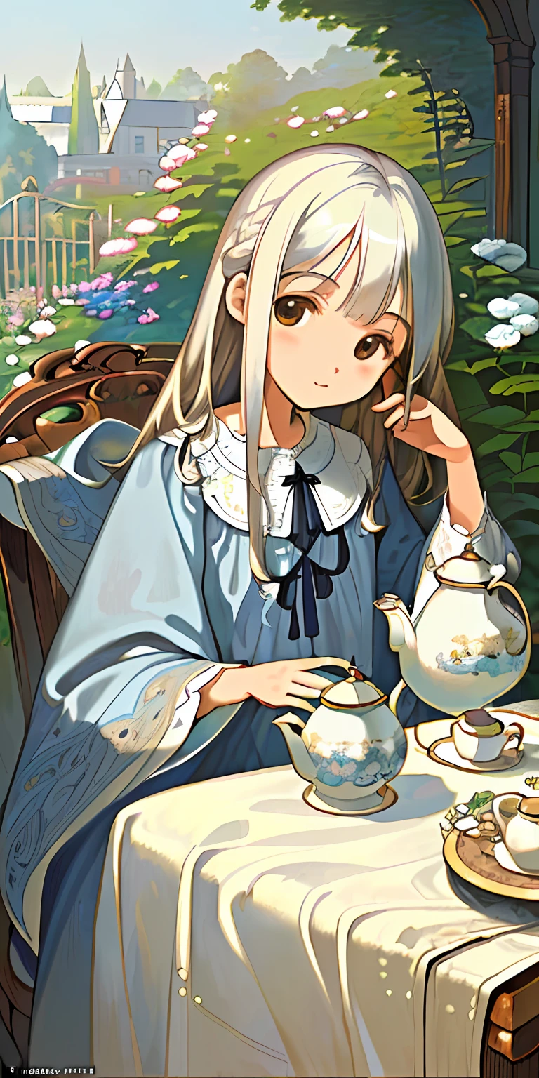 (Masterpiece, Best quality:1.3), ((illustration), Detailed eyes, Detailed face, ((still-life)), ((1 Charming white-haired girl)), ((Peaceful)), Small chest, (nightdress), Brown eyes, Curly hair, (blanket), Blue pattern, ((soft)), (mid afternoon), ((chair)), Garden view, teapot, Cupcakes