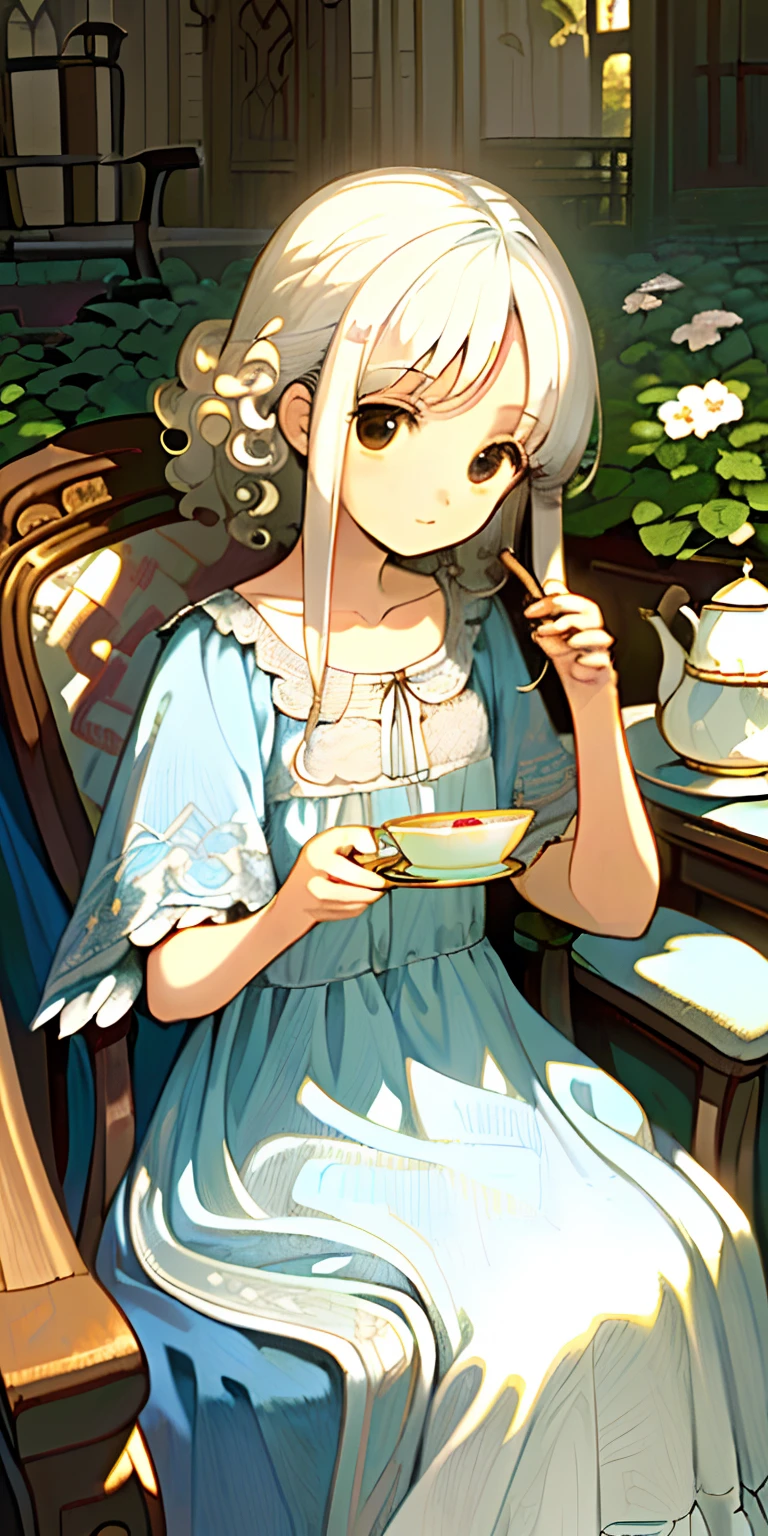 (Masterpiece, Best quality:1.3), ((illustration), Detailed eyes, Detailed face, ((still-life)), ((1 Charming white-haired girl)), ((Peaceful)), Small chest, (nightdress), Brown eyes, Curly hair, (blanket), Blue pattern, ((soft)), (mid afternoon), ((chair)), Garden view, teapot, Cupcakes