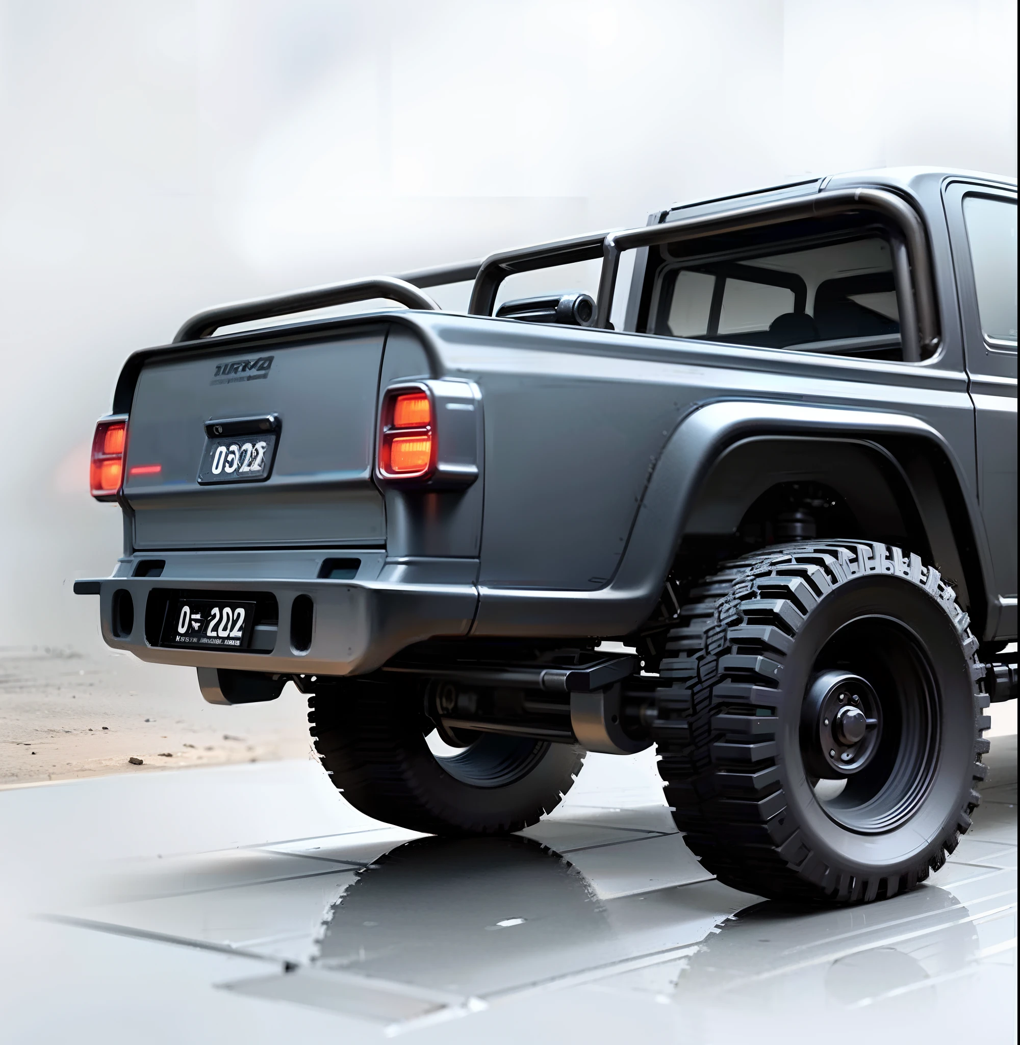 Um close up de um jipe cinza com um pneu grande, steel gray body, Detalhe de corpo alto, Detalhe alto do corpo, teto de topo macio elevado, capota macia, close up tiro do lado, Vista lateral, tiro longo de costas, Side angle, perfil do lado direito, corpo de metal cinza, jipe, frontal angle, profile view perspective, Corpo largo, Octanagem para-lama