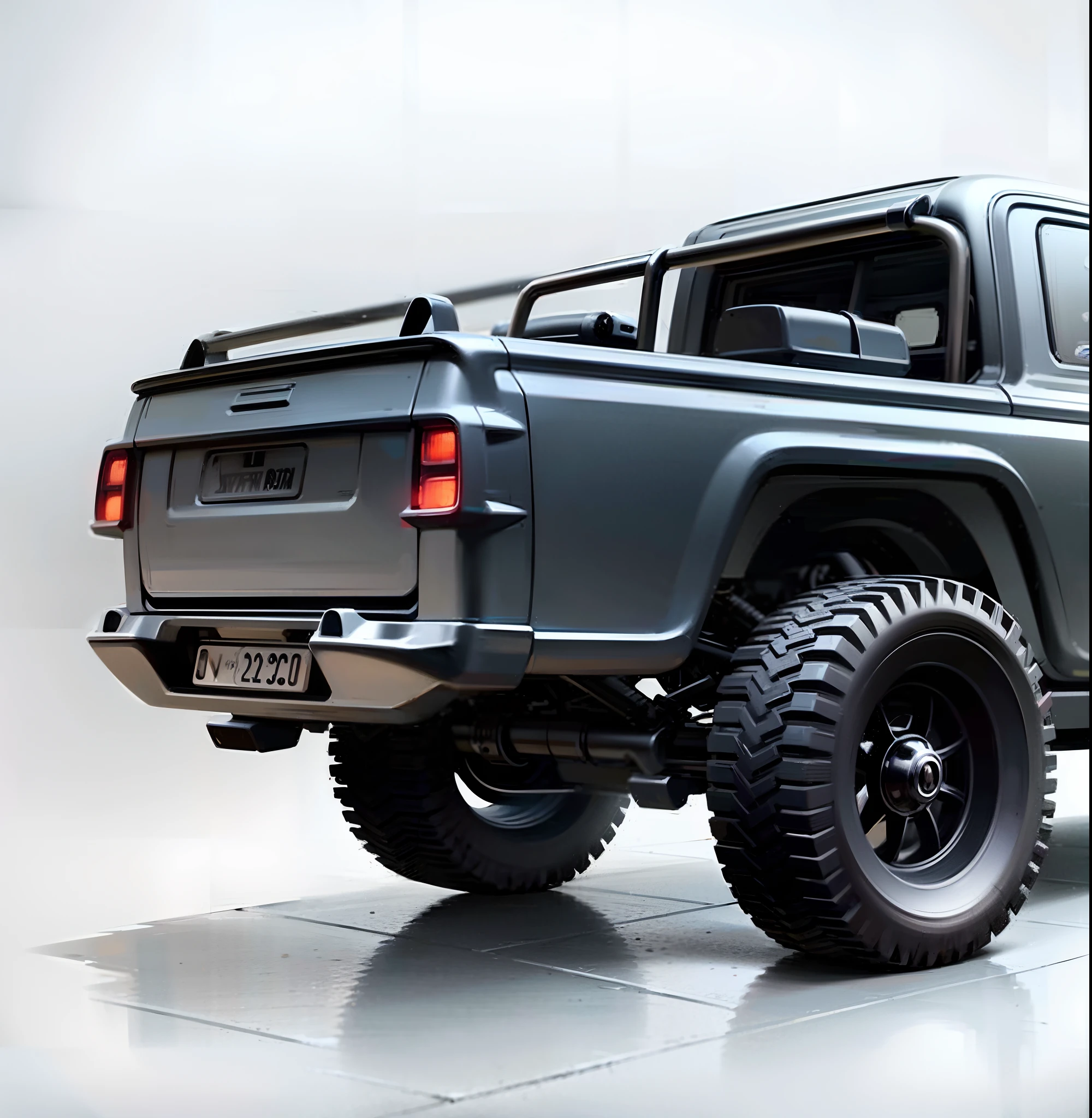 Um close up de um jipe cinza com um pneu grande, steel gray body, Detalhe de corpo alto, Detalhe alto do corpo, teto de topo macio elevado, capota macia, close up tiro do lado, Vista lateral, tiro longo de costas, Side angle, perfil do lado direito, corpo de metal cinza, jipe, frontal angle, profile view perspective, Corpo largo, Octanagem para-lama