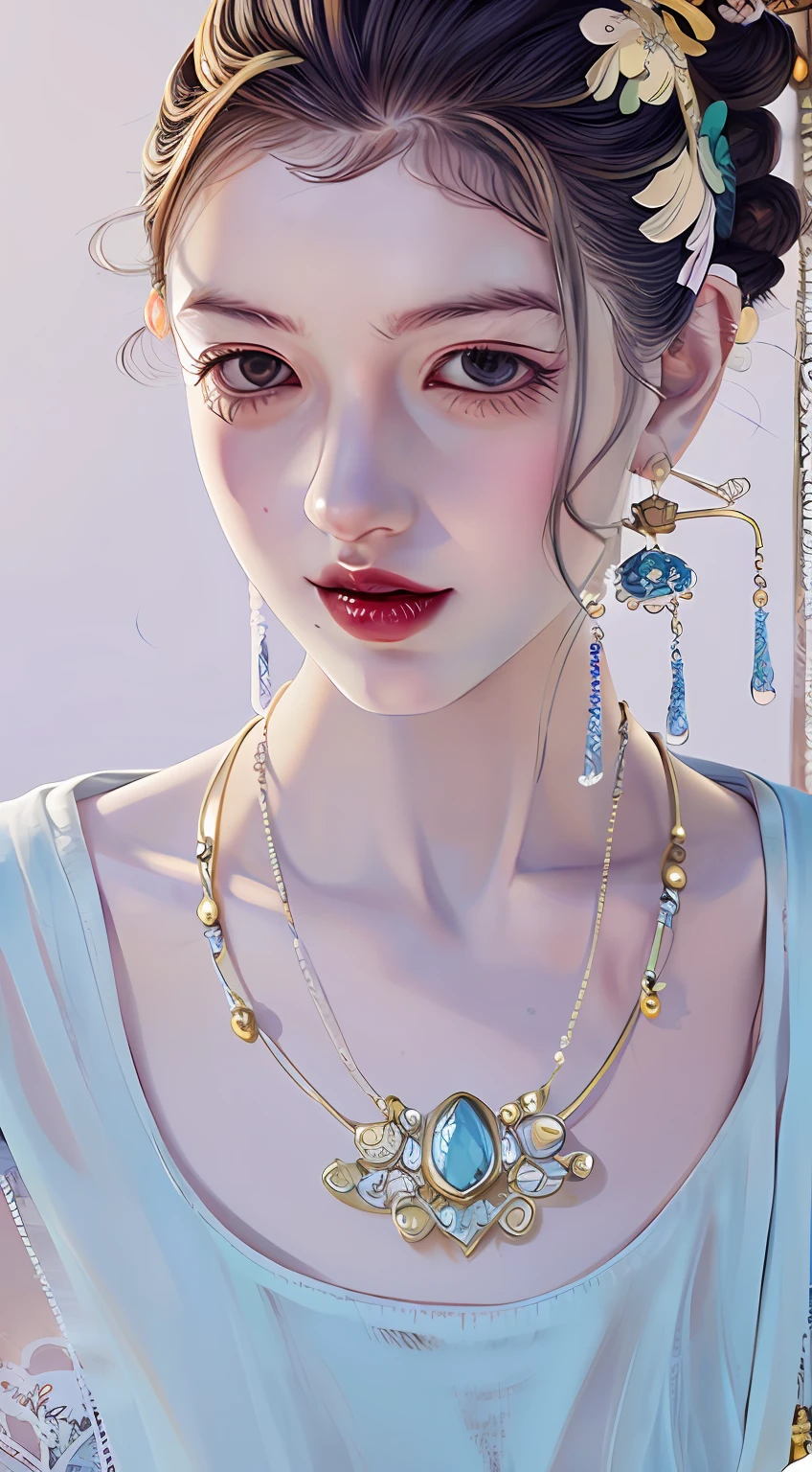 Best quality, Masterpiece, A high resolution, 1girll,china dress,hair adornments,necklace, jewelry,Beautiful face,after sexing_Body, Tyndall effect,Photorealistic, Dark Studio, rim lit, twotonelighting,(highdetailskin:1.2), 8K Ultra HD, Digital SLR, Soft lighting, High quality, voluminetric lighting, candid, photographed, high resolution, 4K, 8K, Bokeh,  .Jinstyle,  Building，Full body photo，Full body like