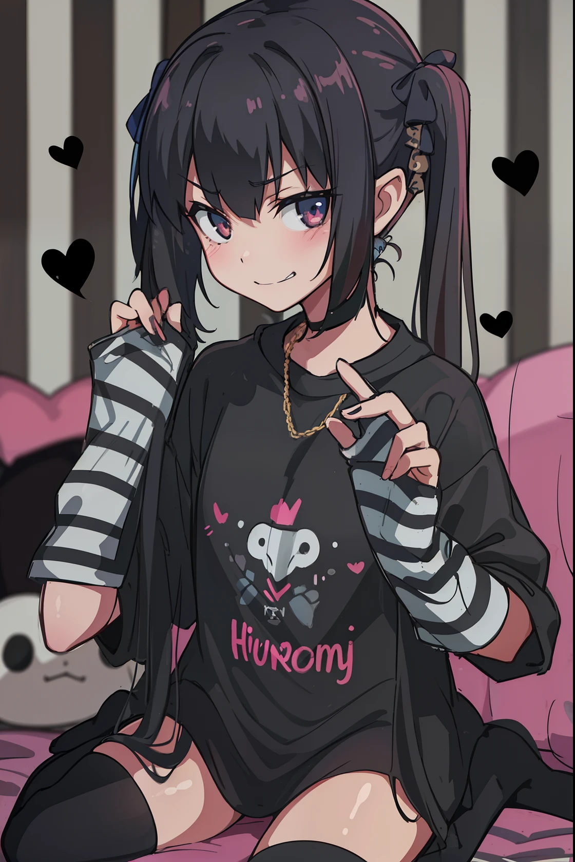 hiquality, tmasterpiece (One teenage girl,  cute face, smirk, dark hair with two ponytails. Dark outfit