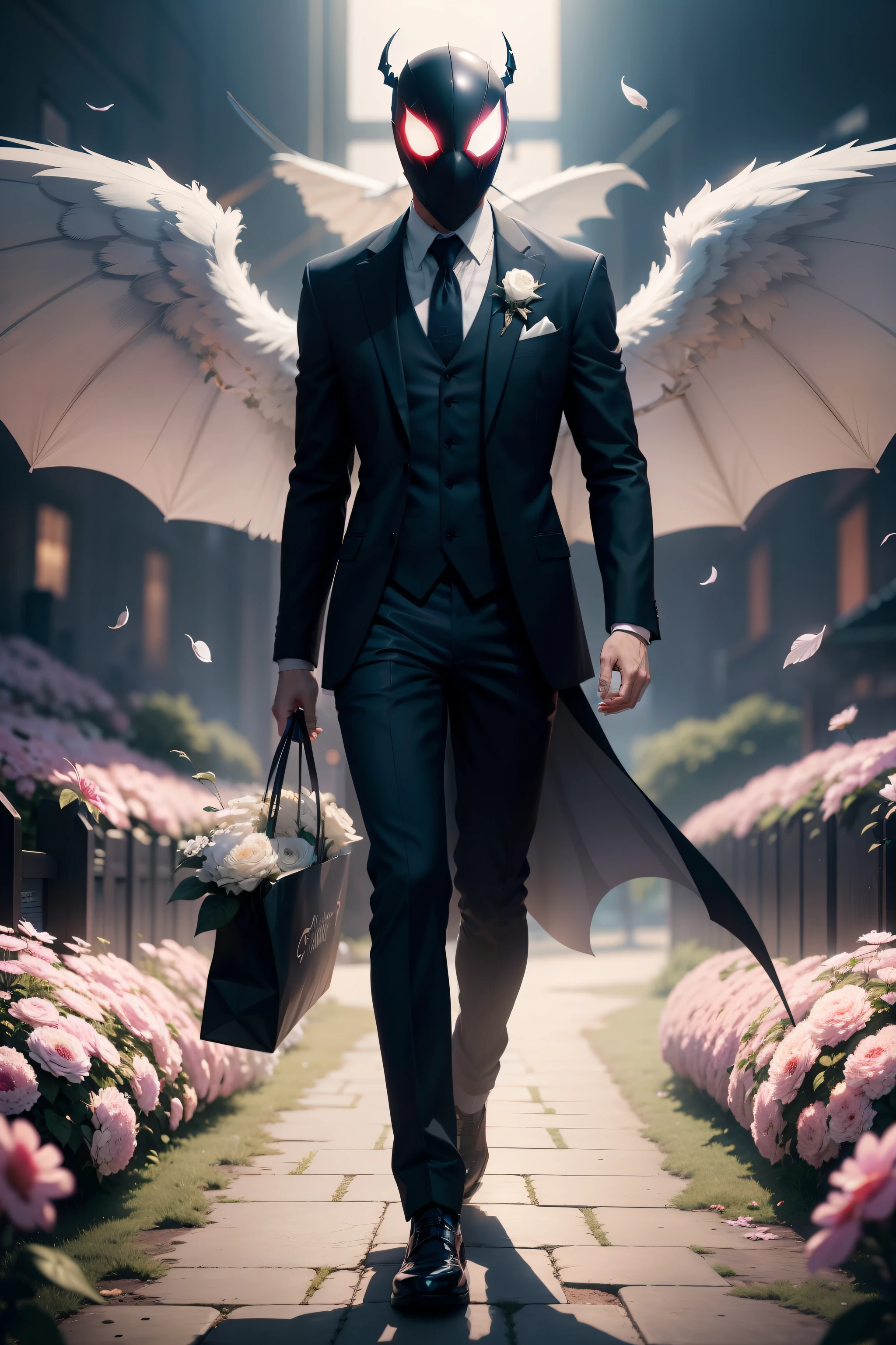 There is a man in a suit wearing a spider mask, Eight-winged white wings，Flowers in hand，Badass anime 8 K, trigger anime artstyle, Dark suit, Best anime 4k konachan wallpaper, A scene from the《Intrepid Covenant》Omen, HQ 4K wallpaper, high detailed official artwork, wallpaper 4 k, Wallpaper 4k, 4K anime wallpaper, Anime wallpaper 4 k, Anime art wallpaper 8 K