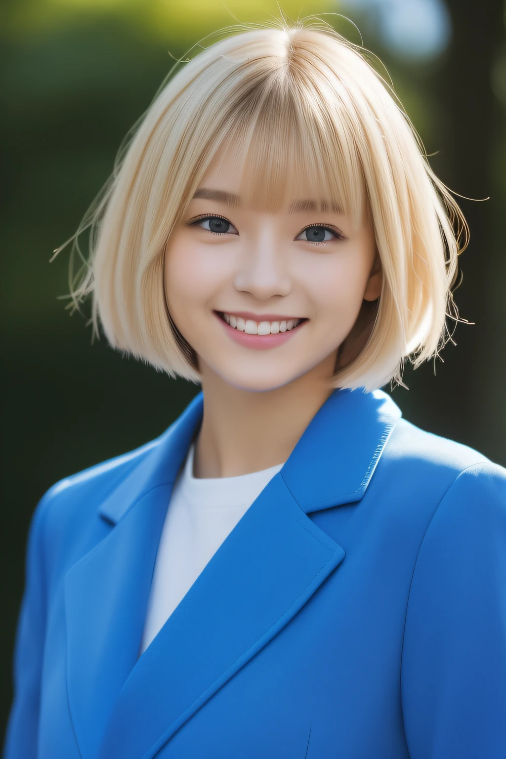 (超A high resolution、Photorealsitic、realisitic、top-quality、Photorealsitic)、(in 8K、top-quality、masterpiece)、(auto white balance)、Technical sense、finely detail、extremely delicate and beautiful、foco nítido、Rich background、(realperson、a picture)、(((High Detail Skin)))、(Kawaii Girl、Lori、18year old、college aged、a blond)、(((Short bob hair、Bangs)))、(A smile)、((Fashionable、Blue jacket、long-sleeve))、(full body full shot、The perspective of the human eye)、Looking at your smartphone