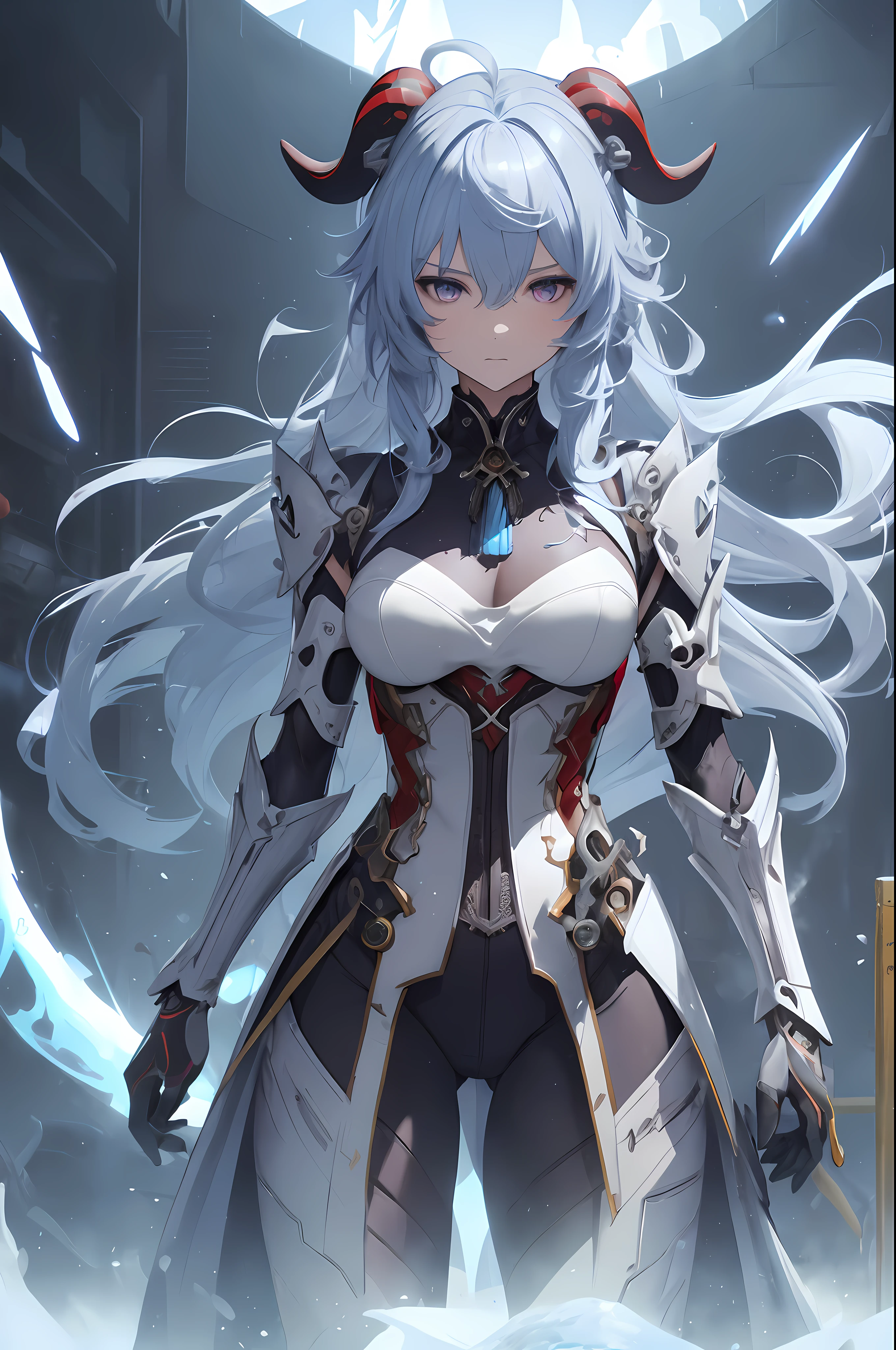 light particles, halo, (bioluminescent:0.95), bioluminescent, piercing glare, vibrant, (((colourful))), color, (glowing, glow), reflection light, depth of field, from behind, multiple views, delicated best quality, (((masterpiece))), ((best quality)), ((ultra-detailed)), (CG illustration), (an extremely devious and beautiful)), cinematic light, ((1 mechanical girl)), (ganyu/genshin impact), (light blue hair), (long hair), (low tied hair), (horns), (purple eyes), (absurdly large silver robe), single, full, mechanical halo,star halo,intricate mechanical bodysuit, mecha corset, (full armor), (machine-made joints: 1.4), ((mechanical limbs)), ( blood vessels attached to the tube), ((mechanical spine attached to the back)), ((mechanical cervical vertebrae attached to the neck), ((combat stance)), expressionless, (wires and cables attached to the head and body: 1.5), (character focus), science fiction, apocalypse, glow, (full shoot body:1.1)