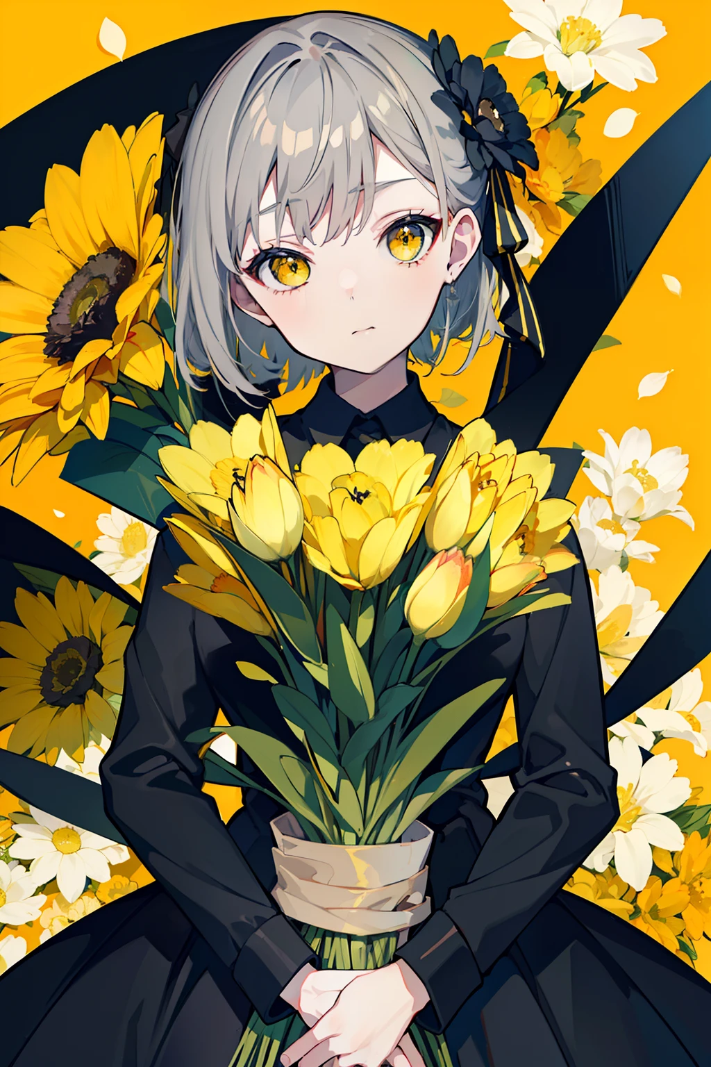 (top quality, masterpiece), (1 girl, solo, black suit, standing, watching viewer, gray hair, yellow eyes, mouth closed, upper body), (huge black bouquet background, floral background)