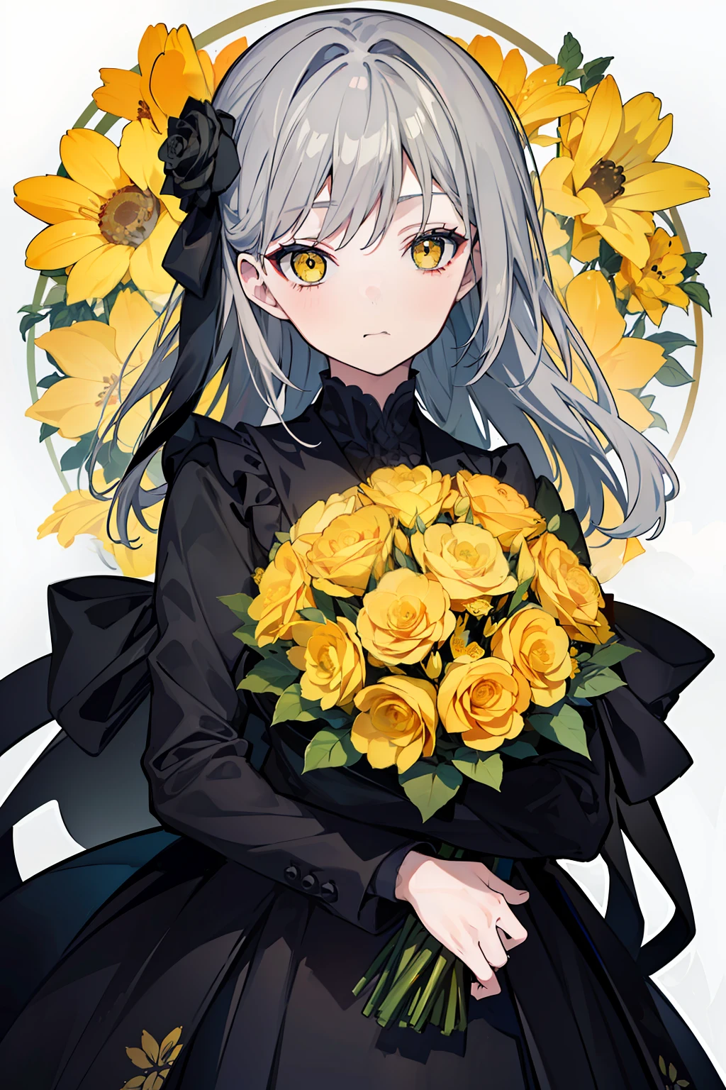 (top quality, masterpiece), (1 girl, solo, black suit, standing, watching viewer, gray hair, yellow eyes, mouth closed, upper body), (huge black bouquet background, floral background)