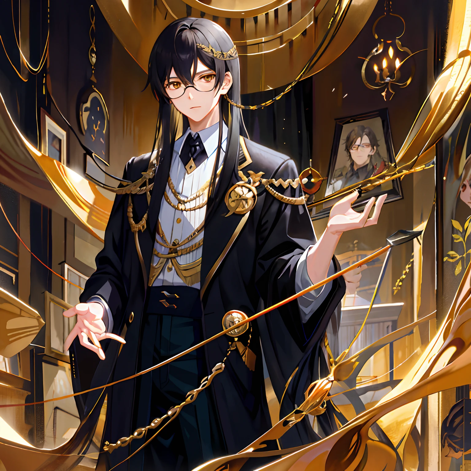Black hair and golden eyes,Long hair,Boy,gold-wire glasses,Standing painting,Personality
