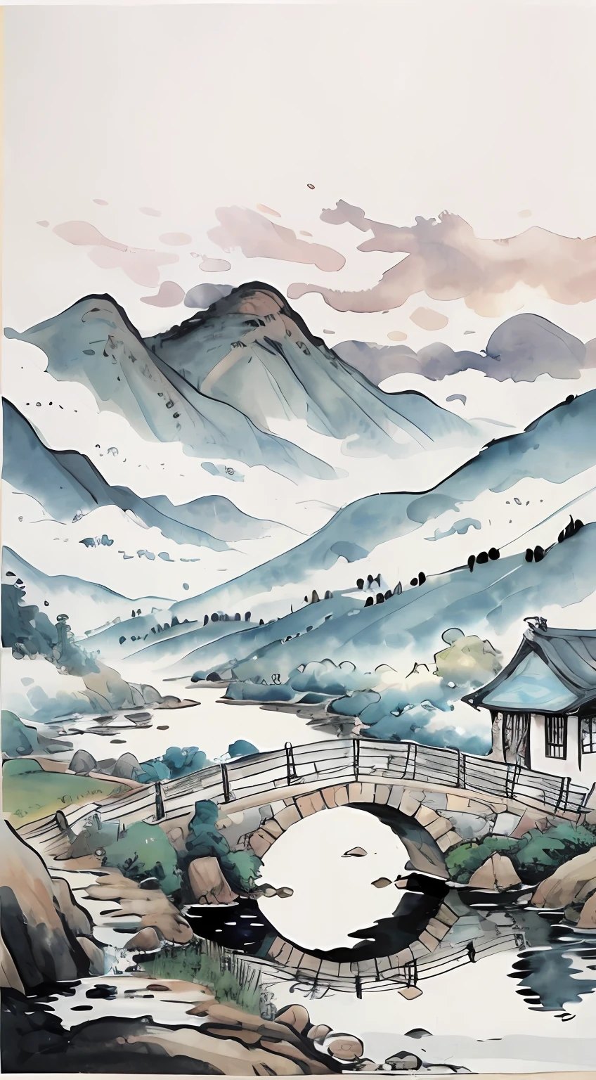 Draw a bridge over the river，The background is a mountain, japan watercolour, Inspired by Yoshida Hanbei, inspired by Miyagawa Isshō, Chinese watercolor style, Traditional Chinese watercolor, inspired by Ren Xun, inspired by Katsushika Ōi, Chinese painting style, inspired by Shūbun Tenshō, Chinese landscape