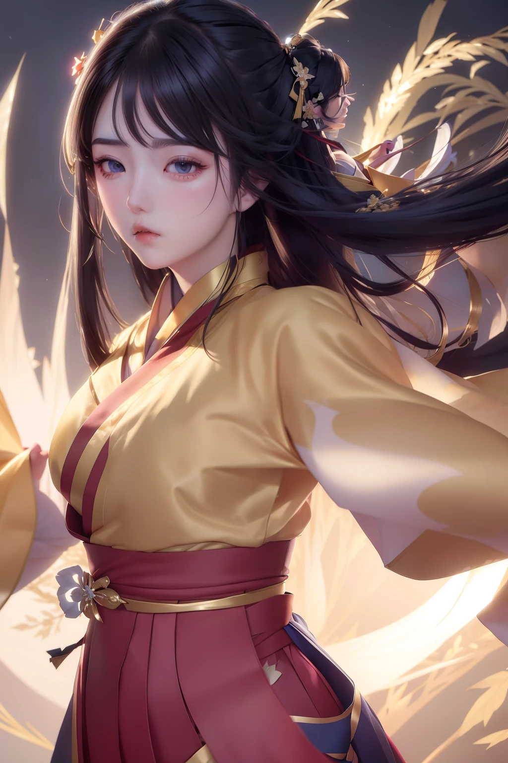 Hanabi hyuga A woman. Wearing a dark yellow kimono. Under a red skirt. Such white skin. And his hair was long and straight brown. Tied up by the wind. He looked intently at the camera. And look so beautiful and realistic
