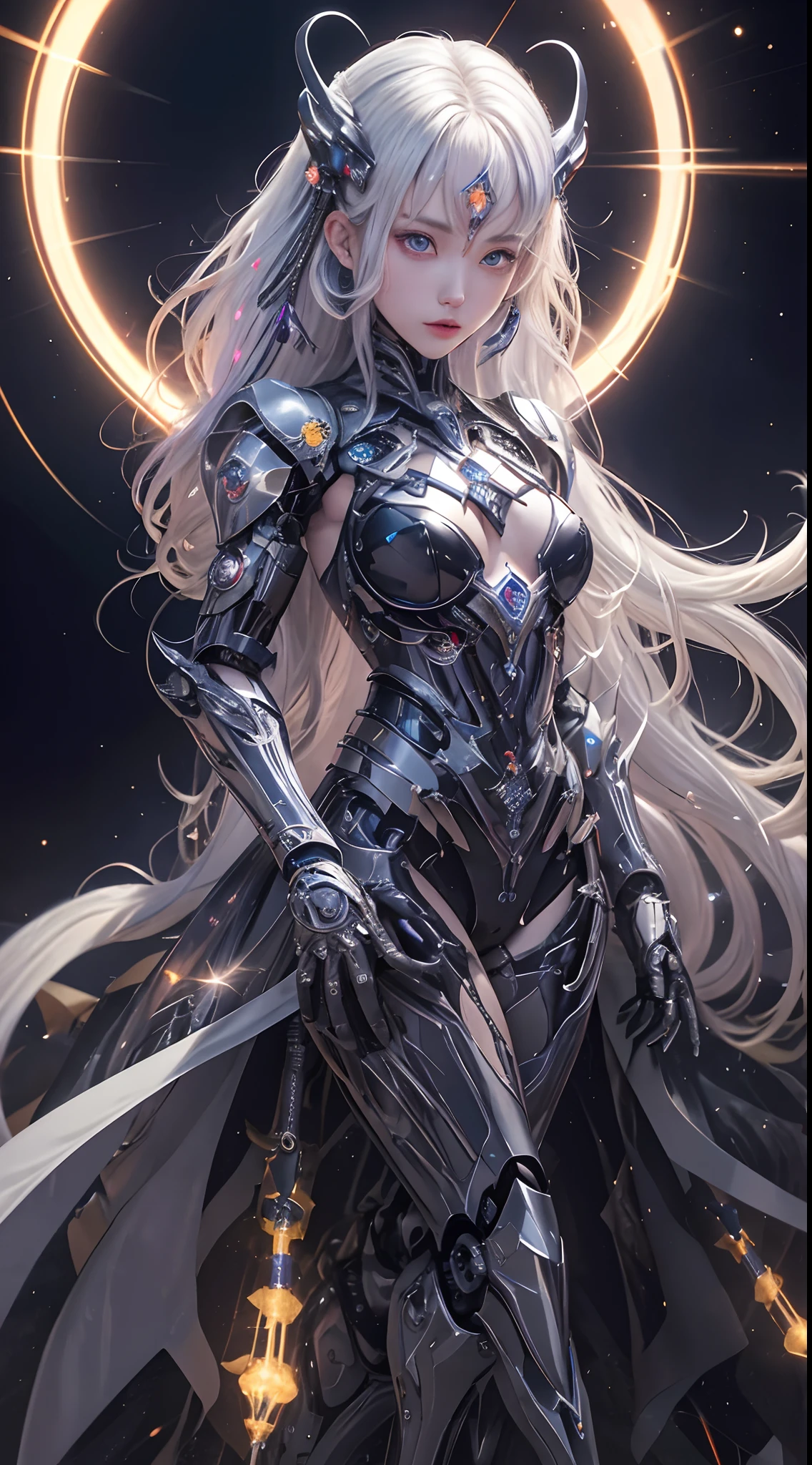 cowboy shot, caustics,reflection,ray tracing,demontheme,nebula,dark aura,cyber effect, (1girl:1.4),solo,alone,mecha musume,mechanical parts, robot joints,single mechanical arm, headgear, mechanical halo,star halo,intricate mechanical bodysuit, mecha corset, kimono, full armor, very long hair,white hair, hair between eyes, multicolored hair, colored inner hair, red eyes,glowing eye,eye trail, random expressions,random action, ancient japanese architecture,pond, starry sky,skyline,