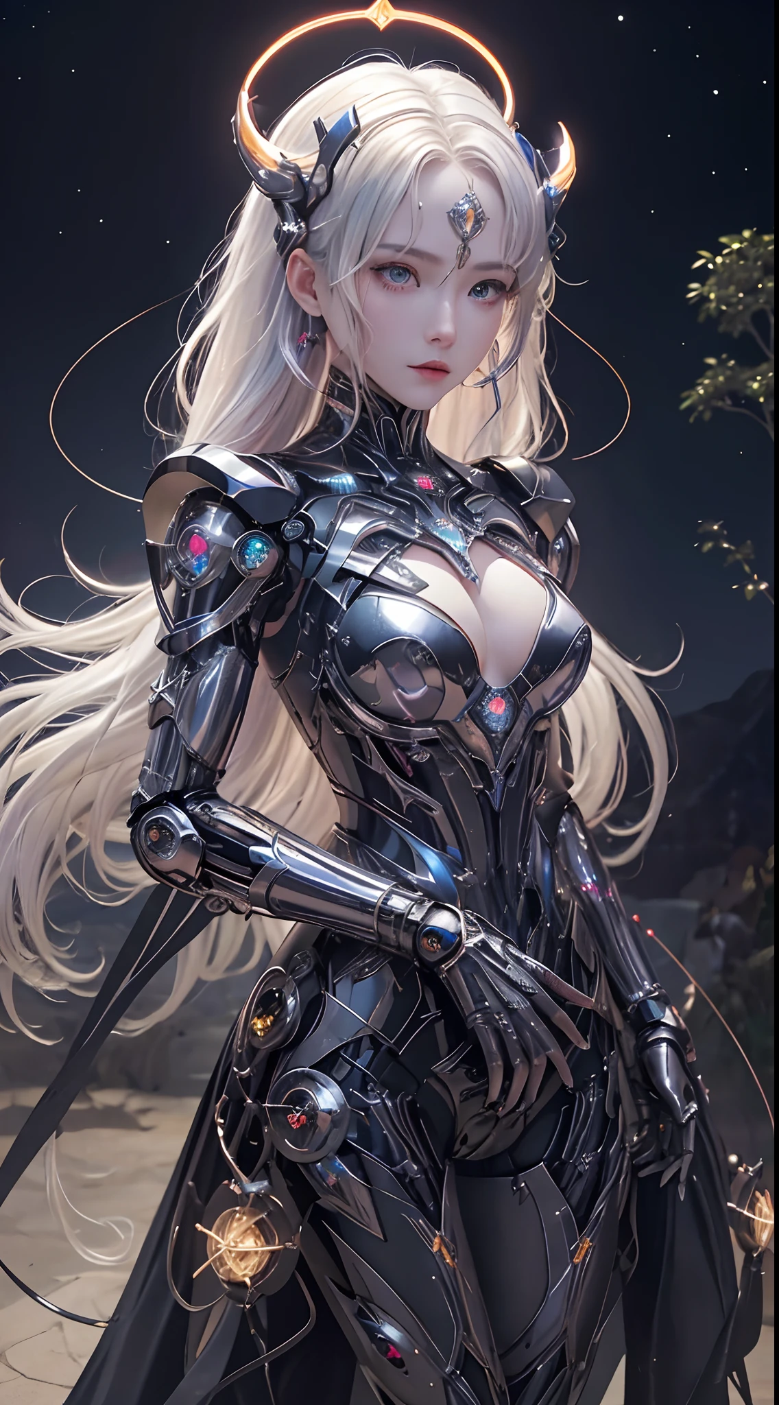 cowboy shot, caustics,reflection,ray tracing,demontheme,nebula,dark aura,cyber effect, (1girl:1.4),solo,alone,mecha musume,mechanical parts, robot joints,single mechanical arm, headgear, mechanical halo,star halo,intricate mechanical bodysuit, mecha corset, kimono, full armor, very long hair,white hair, hair between eyes, multicolored hair, colored inner hair, red eyes,glowing eye,eye trail, random expressions,random action, ancient japanese architecture,pond, starry sky,skyline,