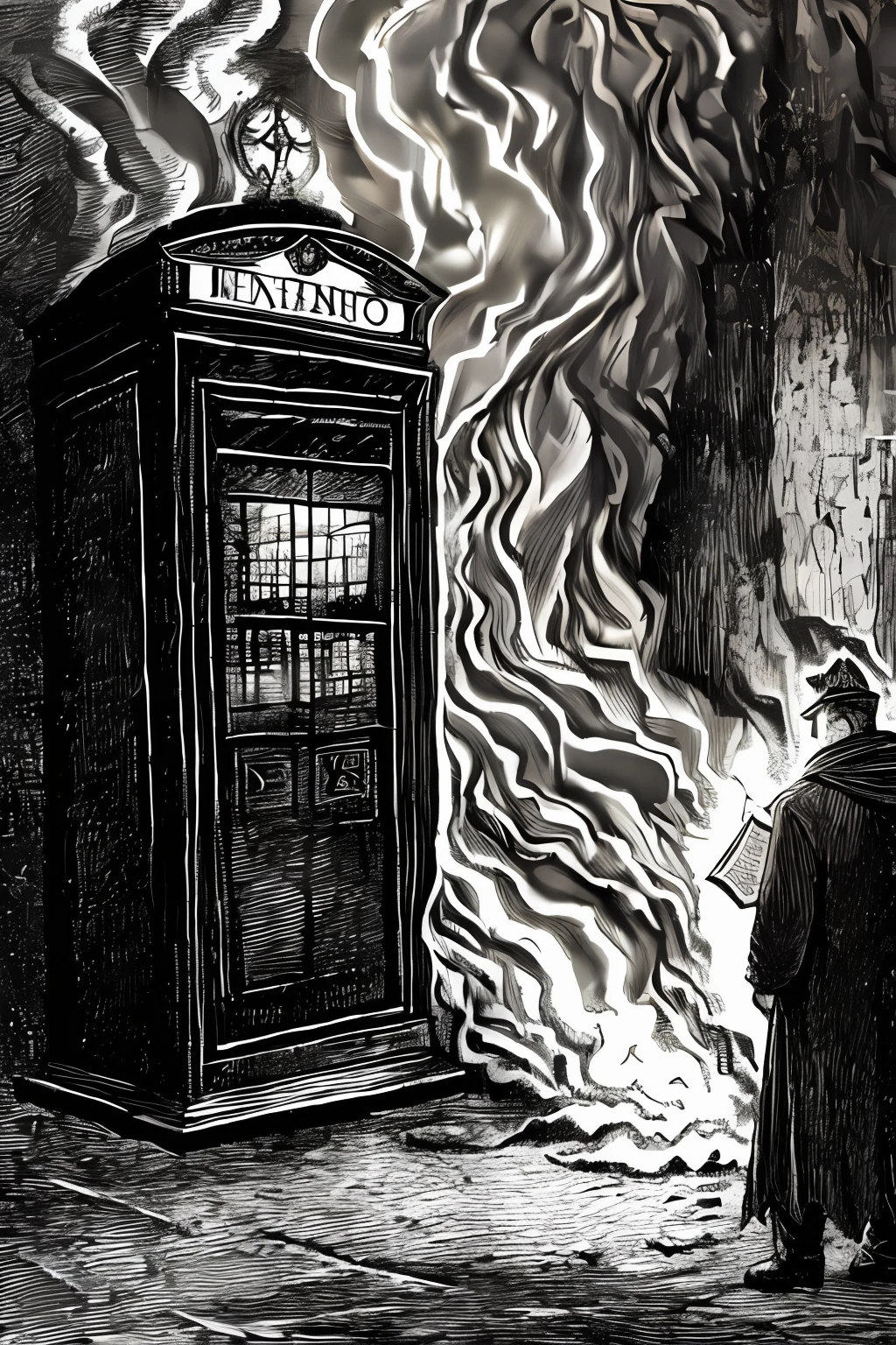 realista (Illustration of a book:1.1) de (o inferno:1.3) , intricate composition , , detalhado, epic stark lighting, Estilo Gustavedore, homem estilo Matt smith (com jaqueta e gravata borboleta), next to a police phone booth