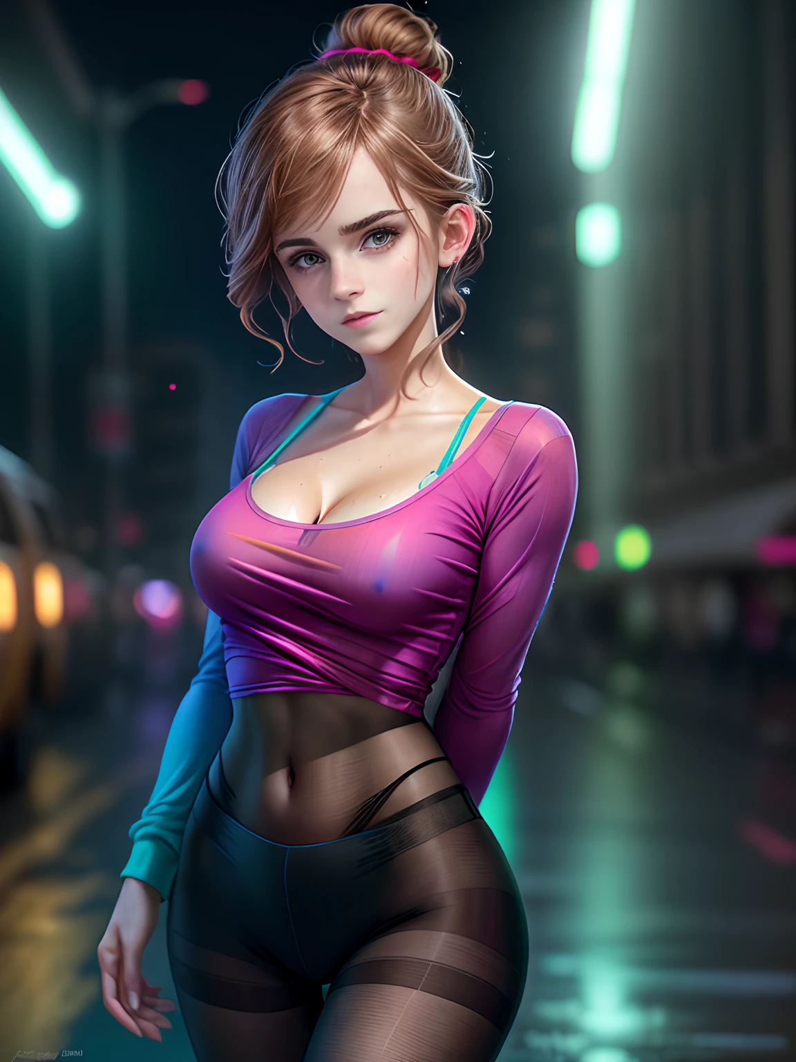 portrait lone (emma watson) as (buruma_brief_older Buruma_DBZ_Buu)1.4, (cleavage large_breasts, stylish long haircut, very silky tops, micro pant, pantyhose)1.2 background neon street)1.2, speed walking, front view, (high detailed skin:1.2)(realistic pupils,realistic iris:1), 8k, aqua_hair, studio lights, glowing colors, glowing skin, pastel color, colorful, many different colors, (red:1.3, green:1.1, blue:1.2) different position, wet on dress.