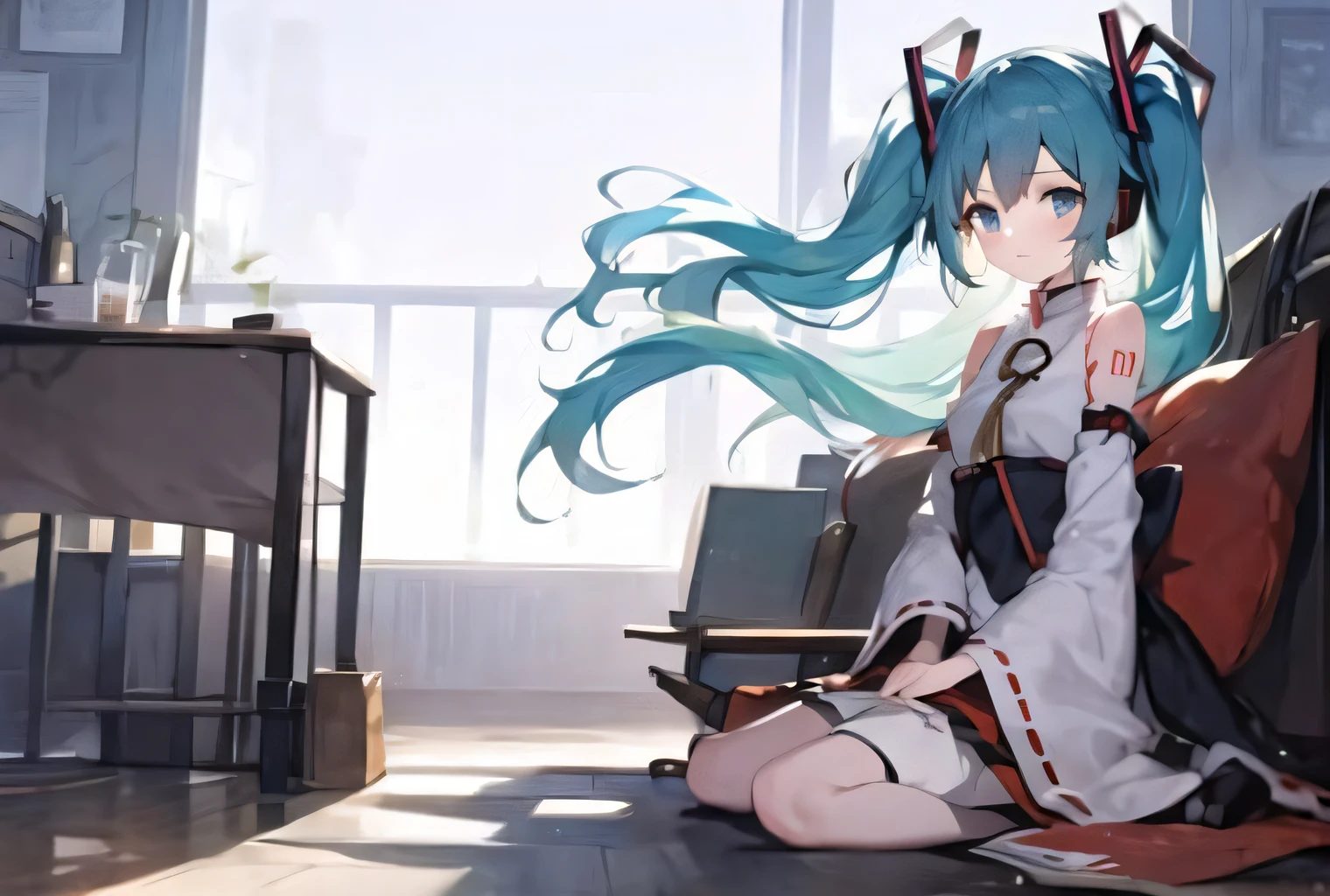 masterpiece, best quality, 1girl, tohou, long hair, looking at viewer, green_hair, hatsune miku, side, seat, miko, blue eyes,