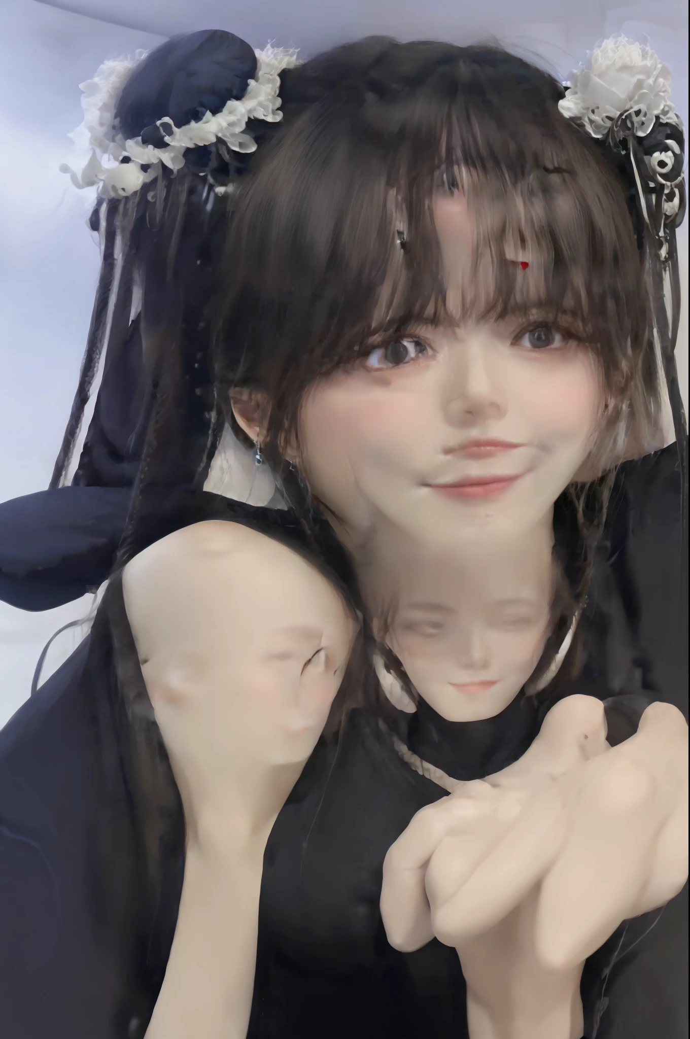 black hair, hair over shoulder, long hair, pout, smile, light smile, shy, tongue, fingersmile, tongue out, ear blush, UHD, anatomically correct, textured skin, super detail, high details, high quality, best quality, highres