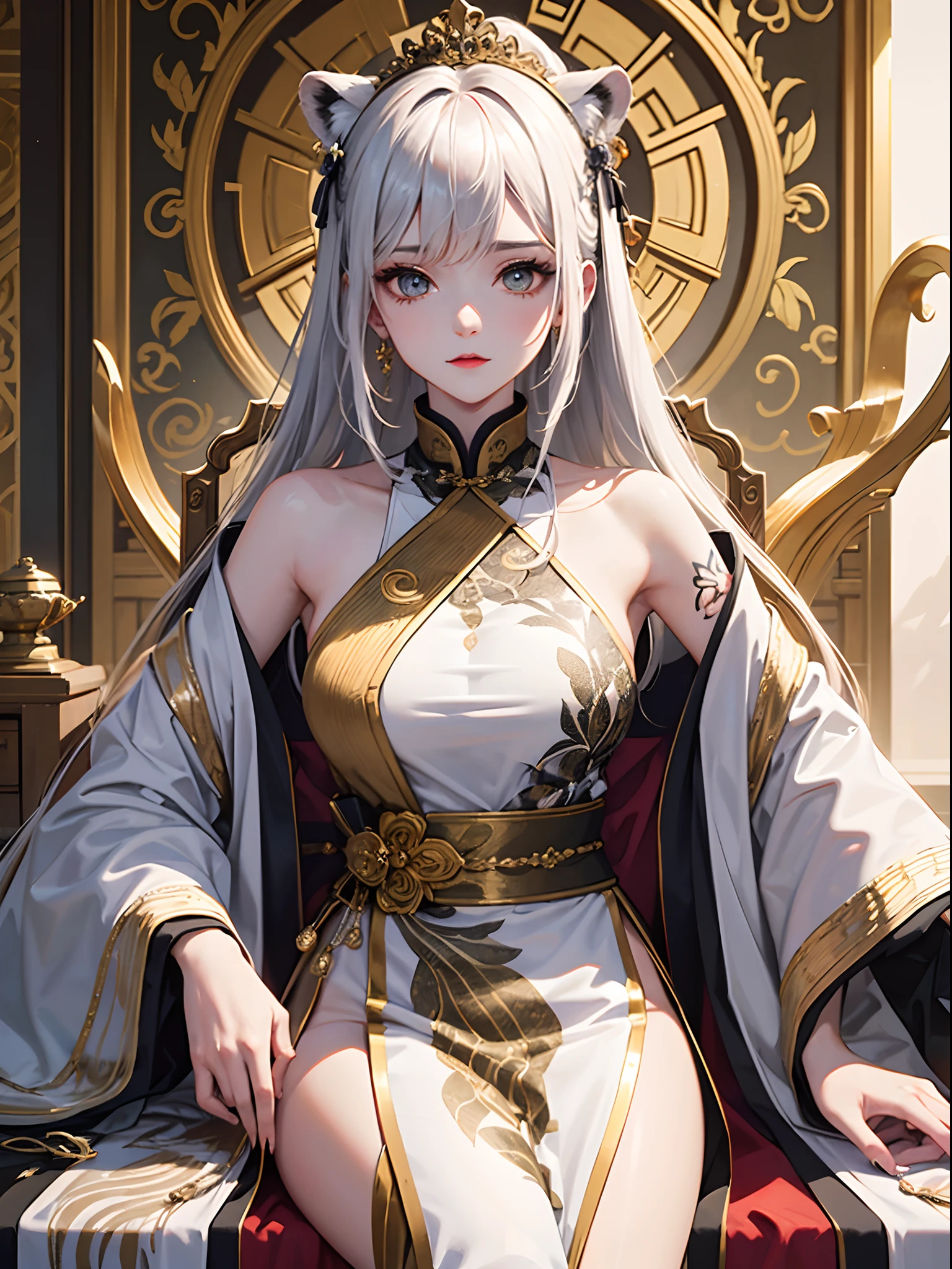 highest  quality，tmasterpiece，A masterpiece，extreme hight detail，Delicate portrayal of facial features，（Delicate hair portrayal），（Delicate eye portrayal），long white-blond hair，Black hair ends，（（（the white tiger））），（（Luxurious tiara）），elaborate Hanfu，（（Overlapping clothes）），（（（Heavy clothes））），（（Intricate gold patterns on clothes）），Delicate white tiger on clothes，Redlip，Danfeng Eyes，Gold eyes，High ponytail，eyeslashes，（（White Tiger Maiden）），4k画质，Gorgeous light and shadows，Dingdall effect，（long and flowing hair），Messy hair，（（white hair ribbon）），Gorgeous scene，sideface，（Royal Sister），（（Huge white tiger）），（（ancient buildings of China）），（（Roaring white tiger）），（（Golden tattoo on the face）），（（Cold）），（（（Close-up of the left cheek）））