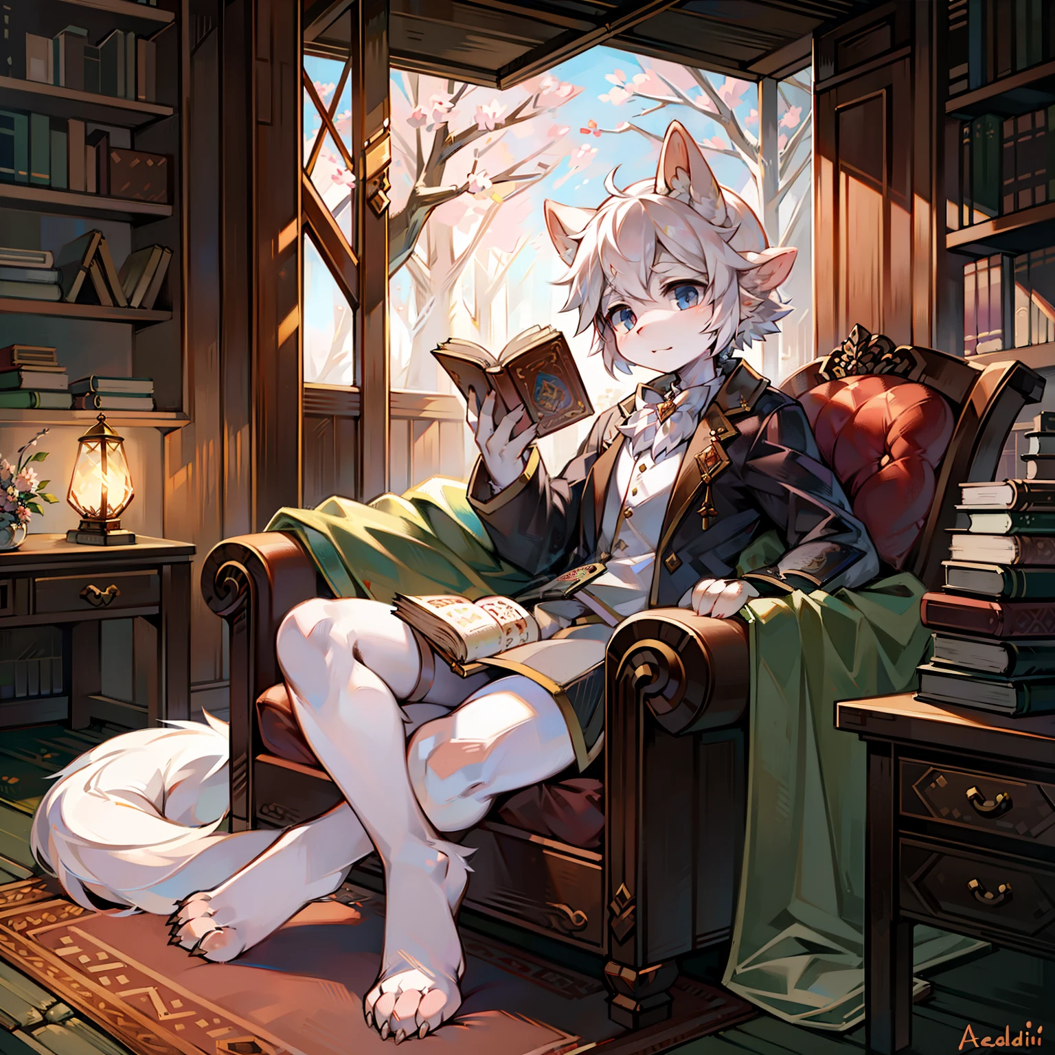 An Aries，inner ear fluff，White hair，Sitting in the woods，Sheep horns，book，teas，solo person，Shota，adolable，carpets，cordial，Waiting for someone，Peach blossom tree