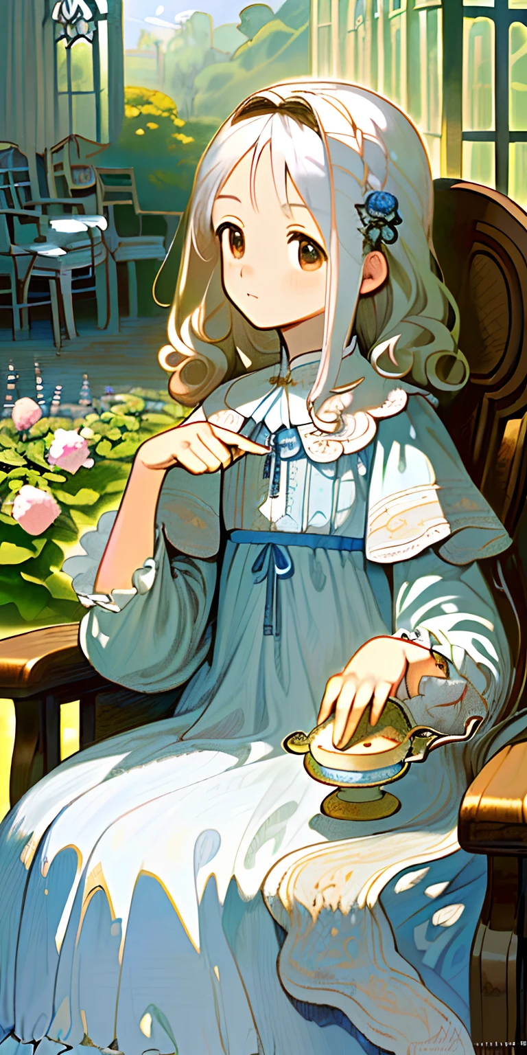 (Masterpiece, Best quality:1.3), ((illustration), Detailed eyes, Detailed face, ((still-life)), ((1 Charming white-haired girl)), ((Peaceful)), Small chest, (nightdress), Brown eyes, Curly hair, (blanket), Blue pattern, ((soft)), (mid afternoon), ((chair)), Garden view, teapot, Cupcakes