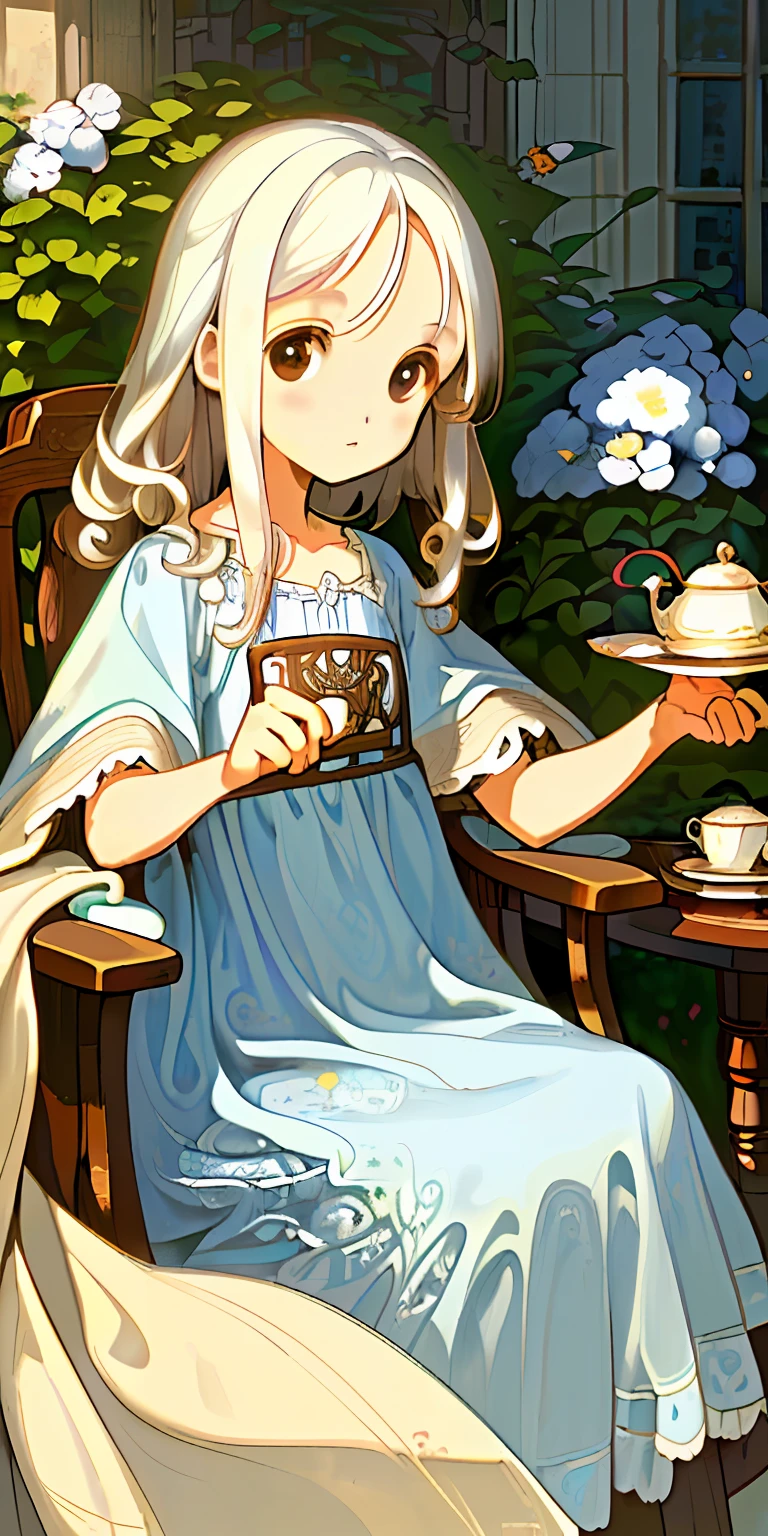 (Masterpiece, Best quality:1.3), ((illustration), Detailed eyes, Detailed face, ((still-life)), ((1 Charming white-haired girl)), ((Peaceful)), Small chest, (nightdress), Brown eyes, Curly hair, (blanket), Blue pattern, ((soft)), (mid afternoon), ((chair)), Garden view, teapot, Cupcakes
