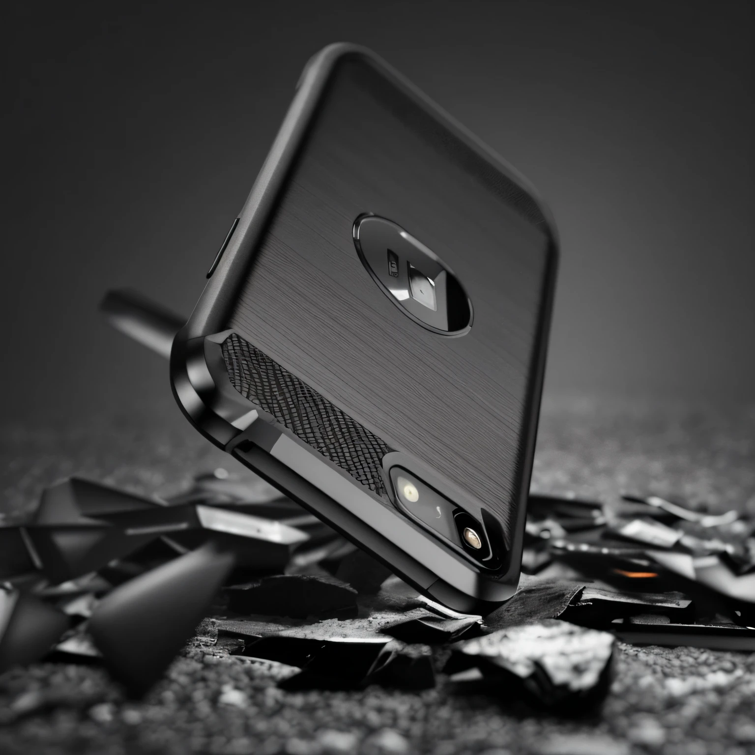 Close-up of a broken phone on the table, detailed wide shot, carbon fibers, product design shot, dark-toned product photos, product image, all black matte product, Dark matte metal, bottom angles, metal skin with some scratches, high angle close up shot, black matte finish, sleek waterproof design, sleek cool waterproof design, Official product photo, dualtone