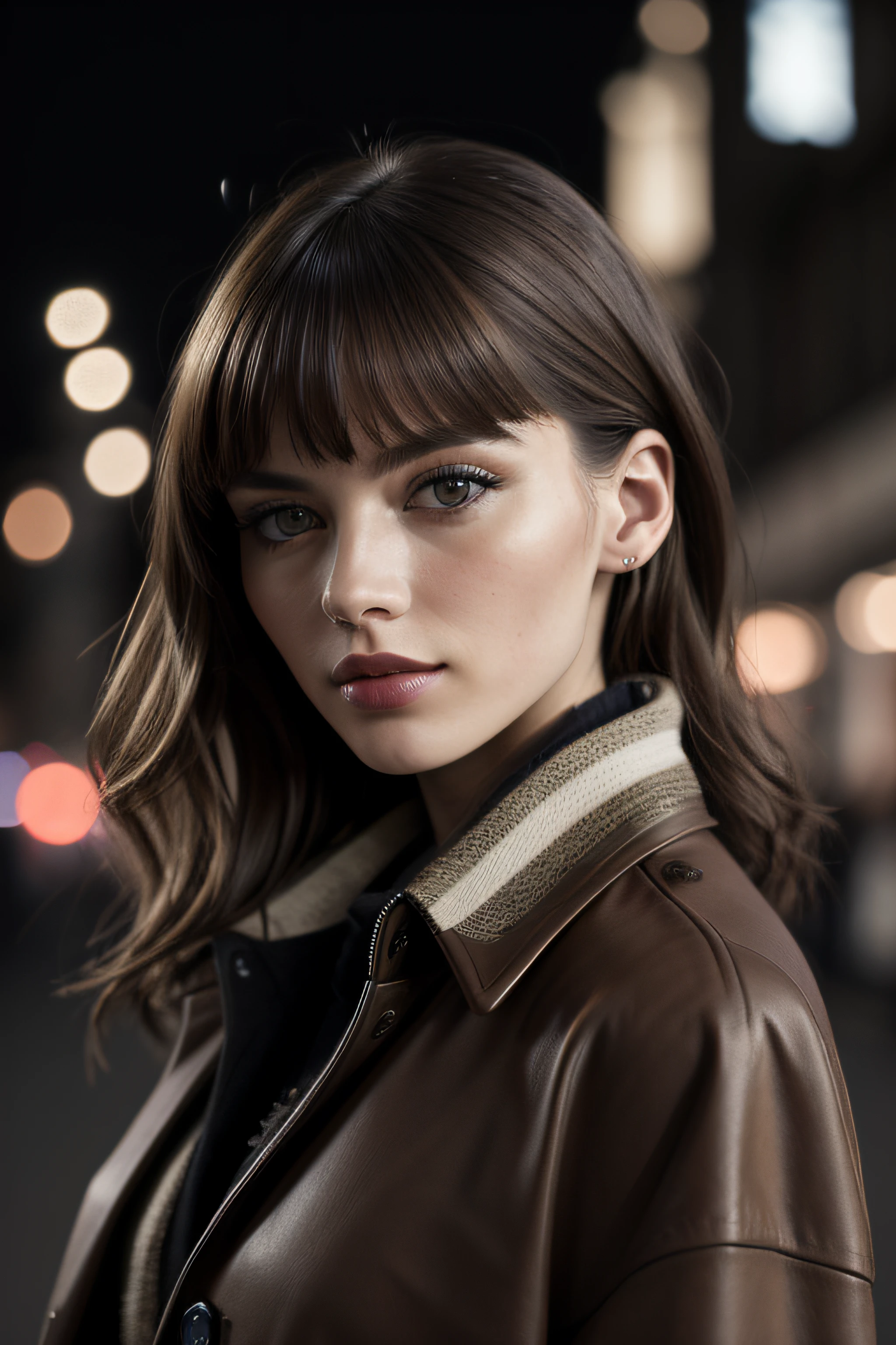 (masterpiece, photorealistic, raw,: 1.4), (very sophisticated: 1.2), long shot view, cinematic light, side lighting, super sharp, best shadow, RAW, a very beautiful and attractive European girl with an attractive figure for photography, Details, minimal charming old brown coat and striped shirt below, background of old buildings, European gene, bokeh, very detailed, people in the background, night, detailed lips, symmetrical eyes, crazy masterpiece background