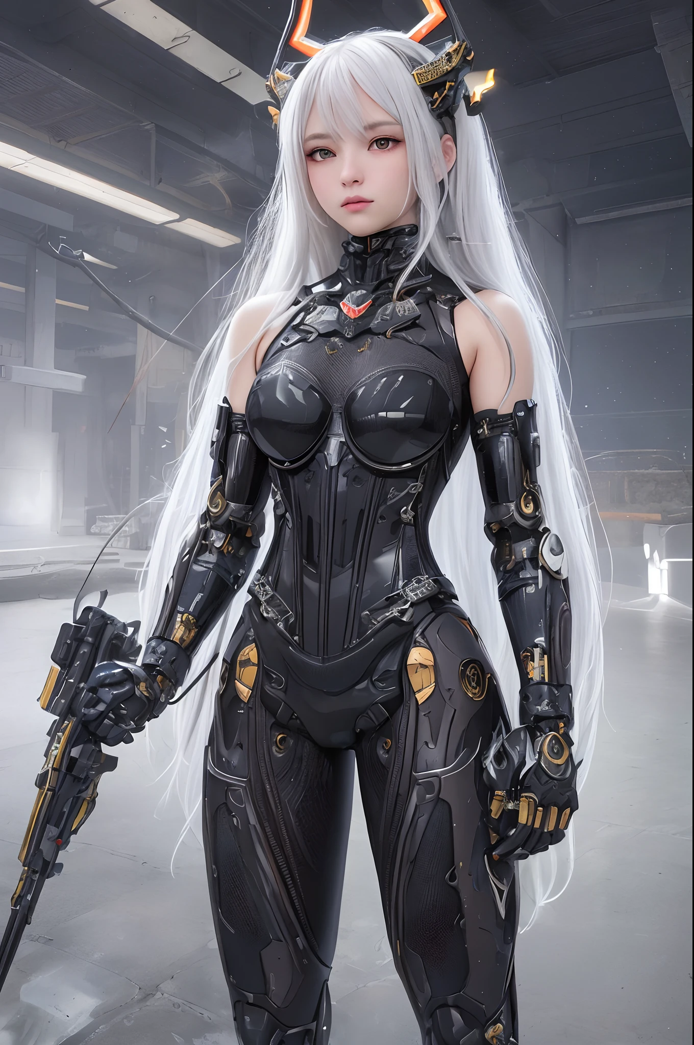 masterpiece,best quality,ultra-detailed,very detailed illustrations,extremely detailed,intricate details,highres,super complex details,extremely detailed 8k cg wallpaper,cowboy shot, caustics,reflection,ray tracing,demontheme,nebula,dark aura,cyber effect, (1girl:1.4),solo,alone,mecha musume,mechanical parts, robot joints,single mechanical arm, headgear, mechanical halo,star halo,intricate mechanical bodysuit, mecha corset, full armor, very long hair,white hair, hair between eyes, multicolored hair, colored inner hair, red eyes,glowing eye,eye trail, random expressions,random action, ancient japanese architecture,pond, starry sky,skyline,