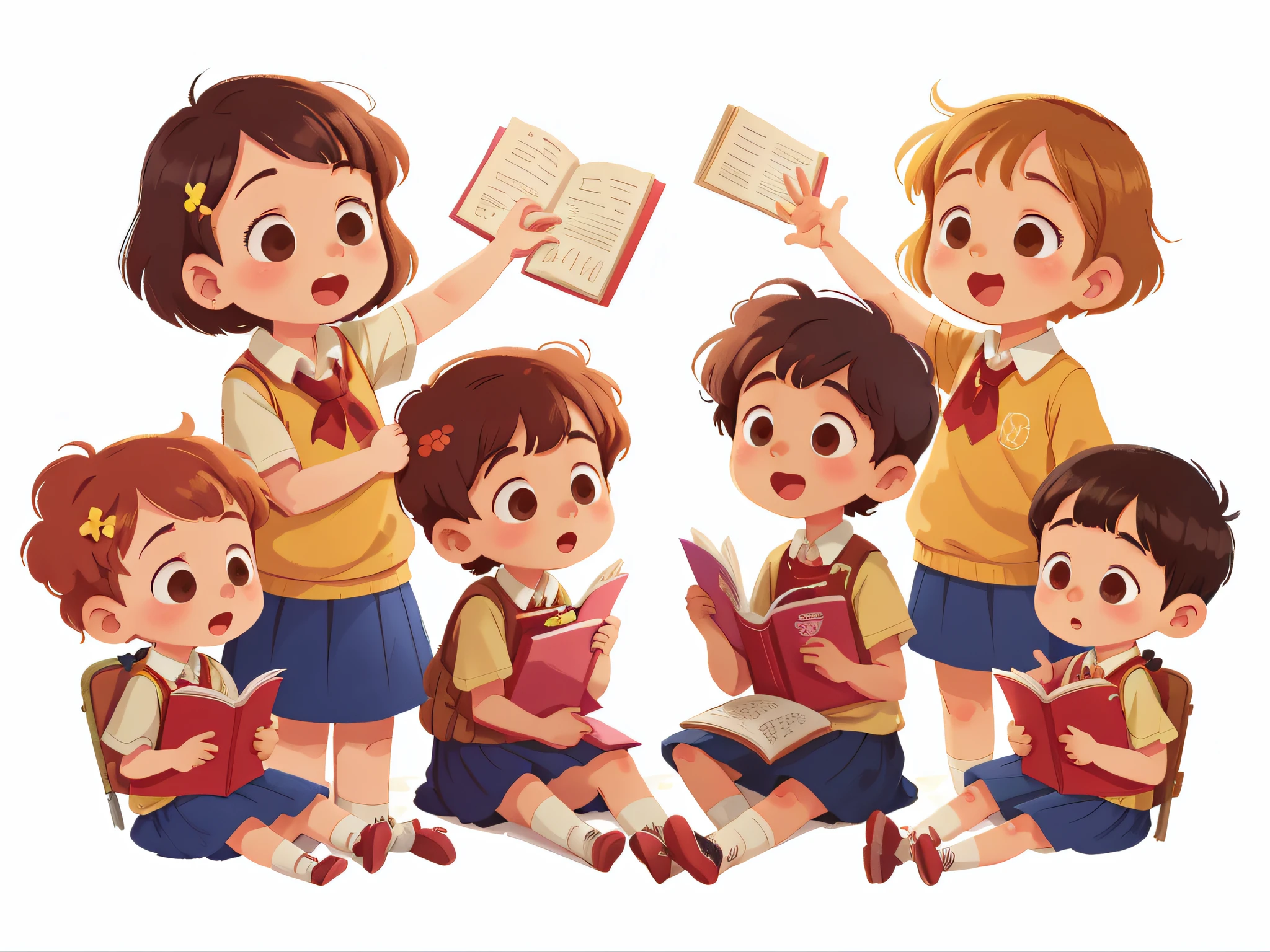 illustration, masterpiece, best quality, School teacher with several students (girls and boys)
Sitting side by side on the bench
Behind them some students are standing and waving, They wave at us, in school uniform, from opposite, Happy, full body, in the style of childreb book charecter, charecter sheet, white background, adjective + object, character sheet, children book character, white background, white background, looking at viewer, short hair,
