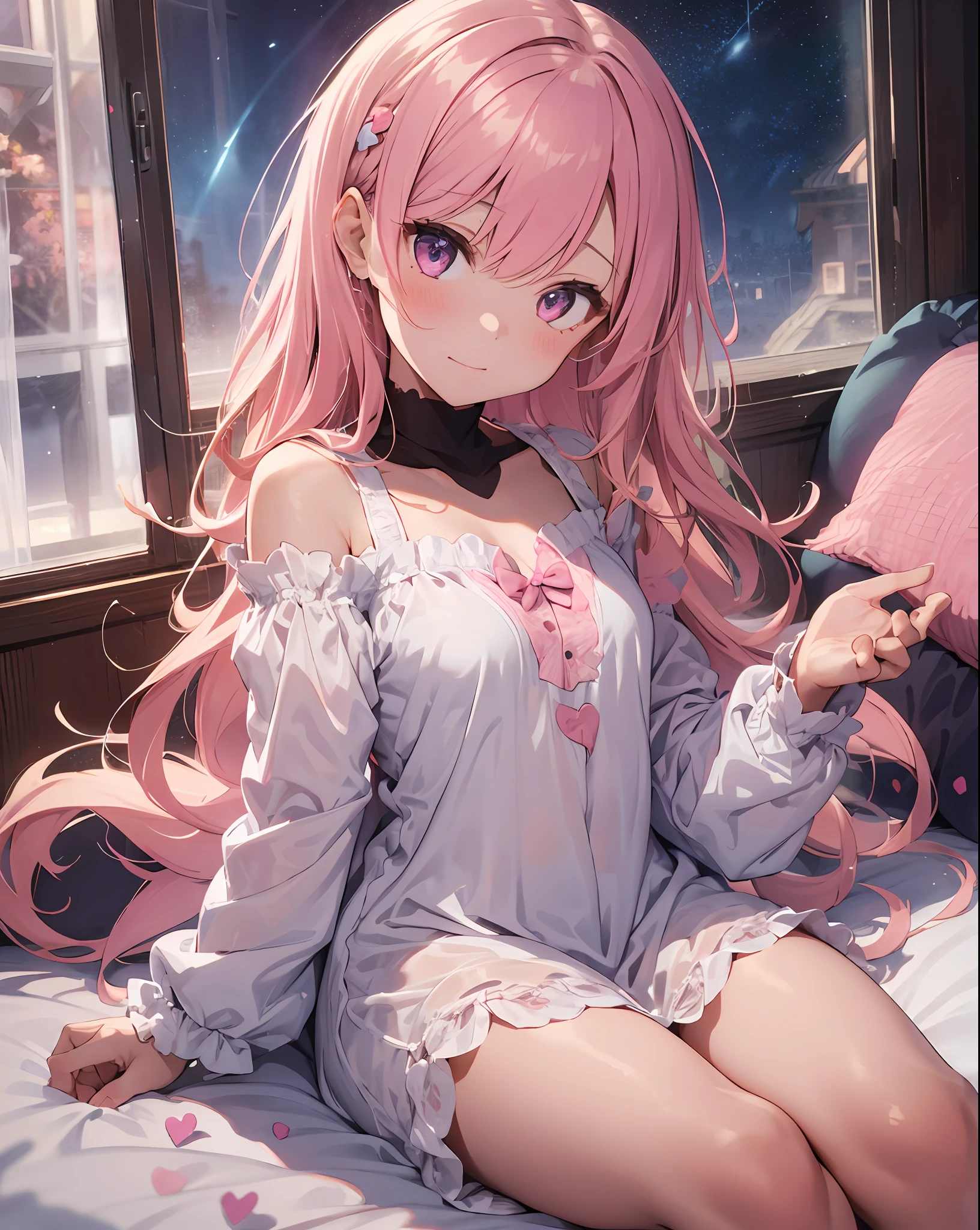 Two girls putting their hands on their chests、Super long hair、nightgown、(blonde and pink hair)、Create a heart shape with a heart-shaped effect for viewers):1.5、bedroom