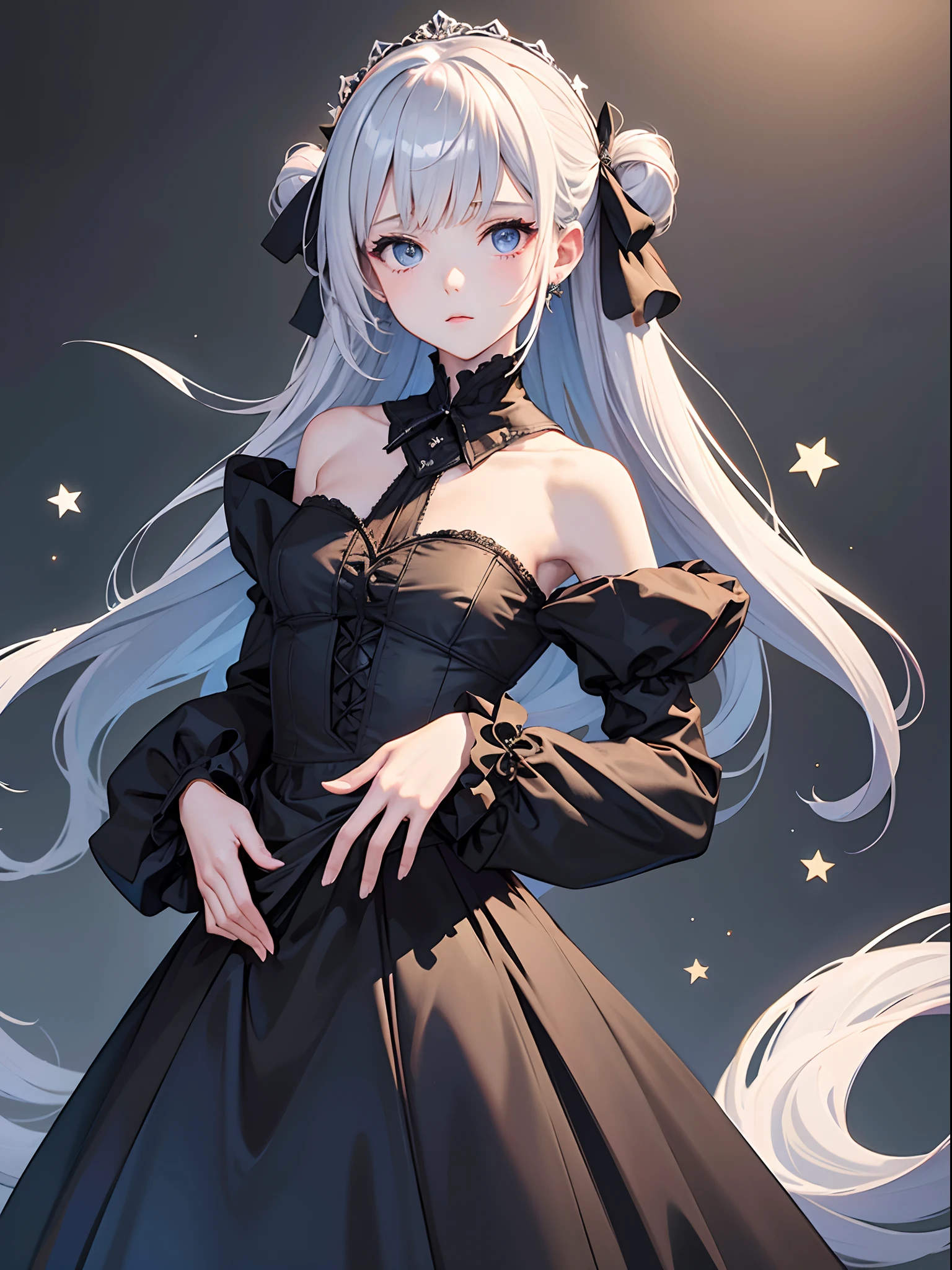 (Masterpiece:1.2), (Best quality:1.3), empyrean_psalms, 1girll, black_dress, frilld_dress, cropped shoulders_dress, Bare_bshoulders, Long_Sleeves, Star_(symbol), ****ta_Fashion,