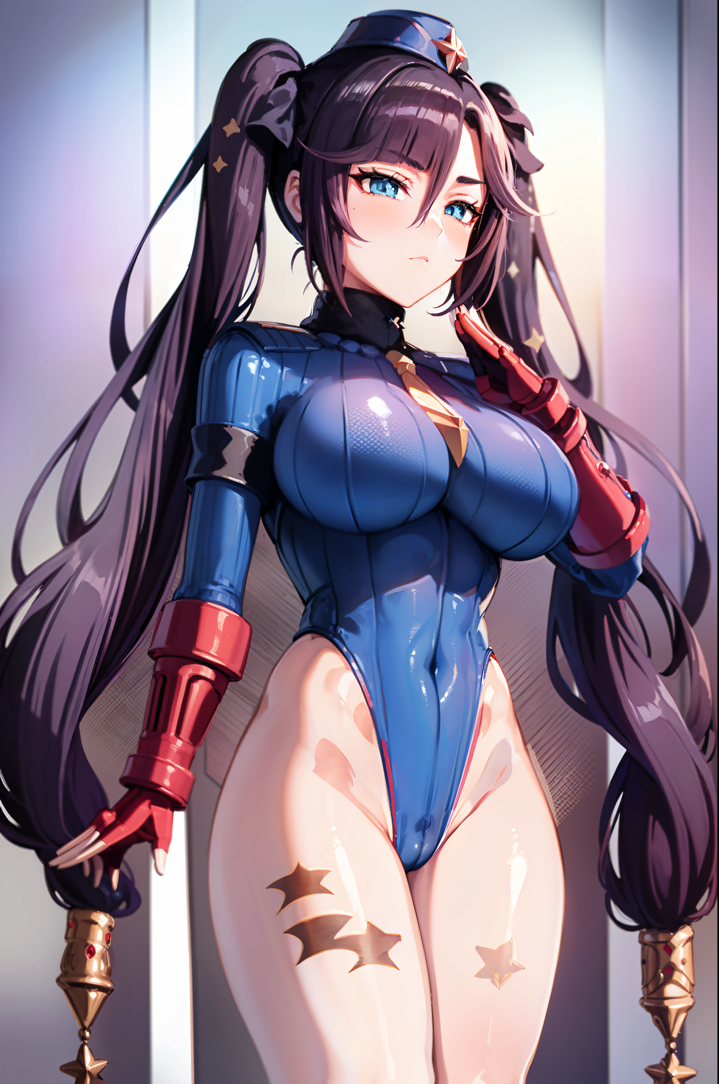 "mona_genshin, with mesmerizing twintails and a dollsuit featuring bodystockings, confidently saluting while standing at attention, showcasing her exquisite figure with huge breasts, she is saluting her master who hypnotised her, The image is in stunning 8k resolution and features platform heels."