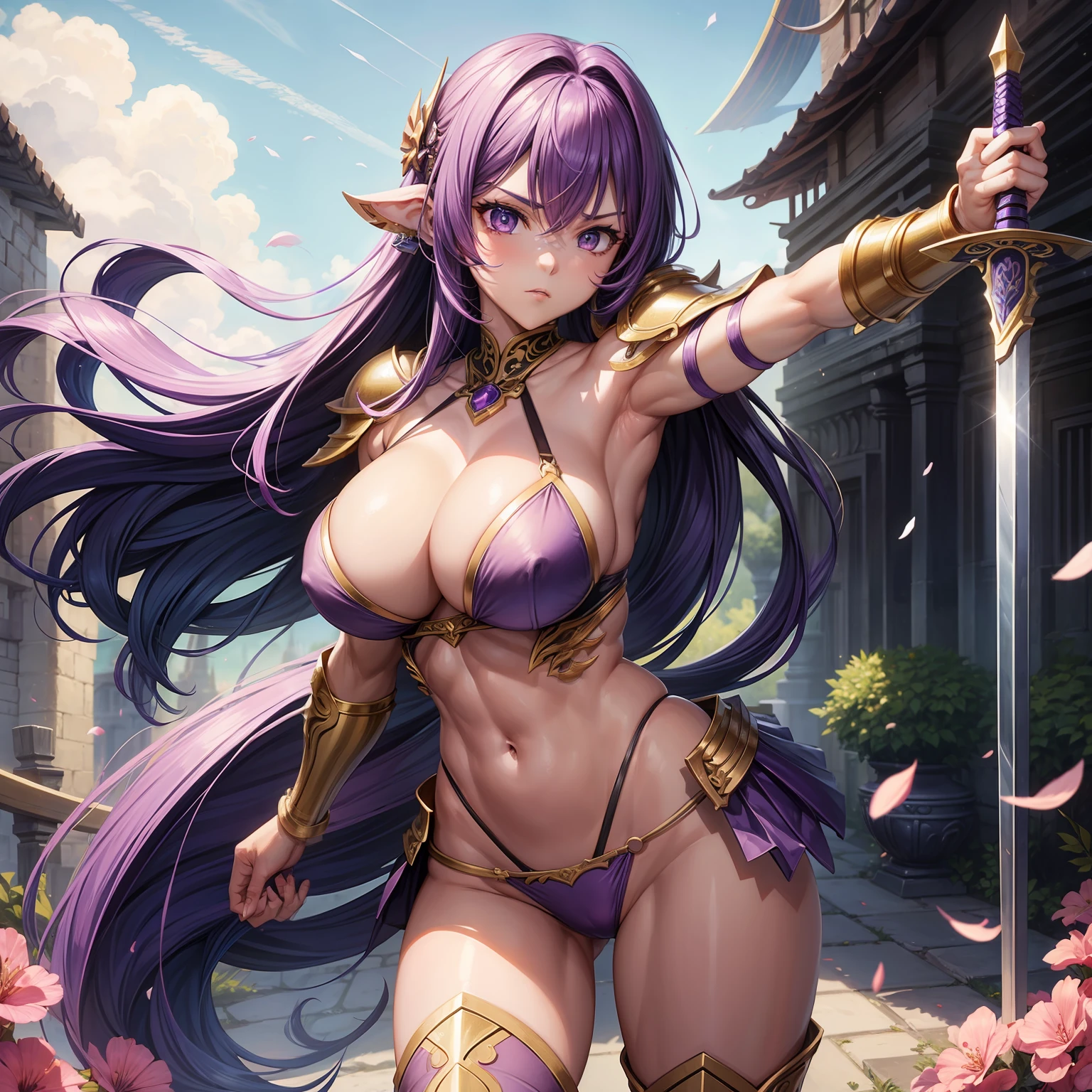 Female Warrior、a beauty girl、huge tit、Purple hair、Longhaire、well-muscled、abdominals、Nice Buddy、glamorous、Long body、bikini-armor、ck、Armor shoulder rest、knee boots、globe、is standing、full body seen、Looking at the camera、Holding a one-handed sword、