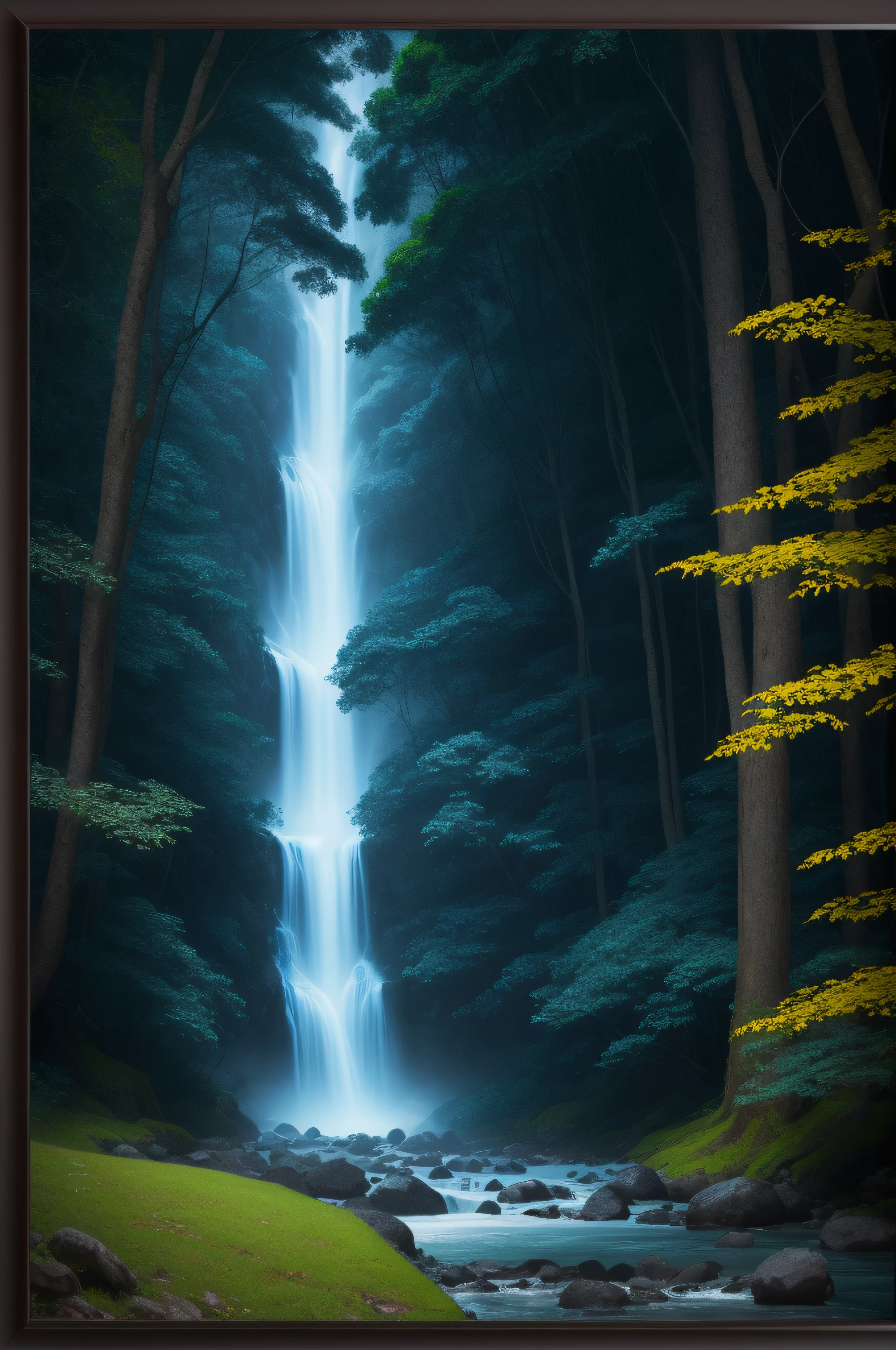 pintura de quadro, de uma imagem de uma floresta a noite, feita somente com as cores dos tons azul, preto e branco. High Definition Image, 4k, 8k.